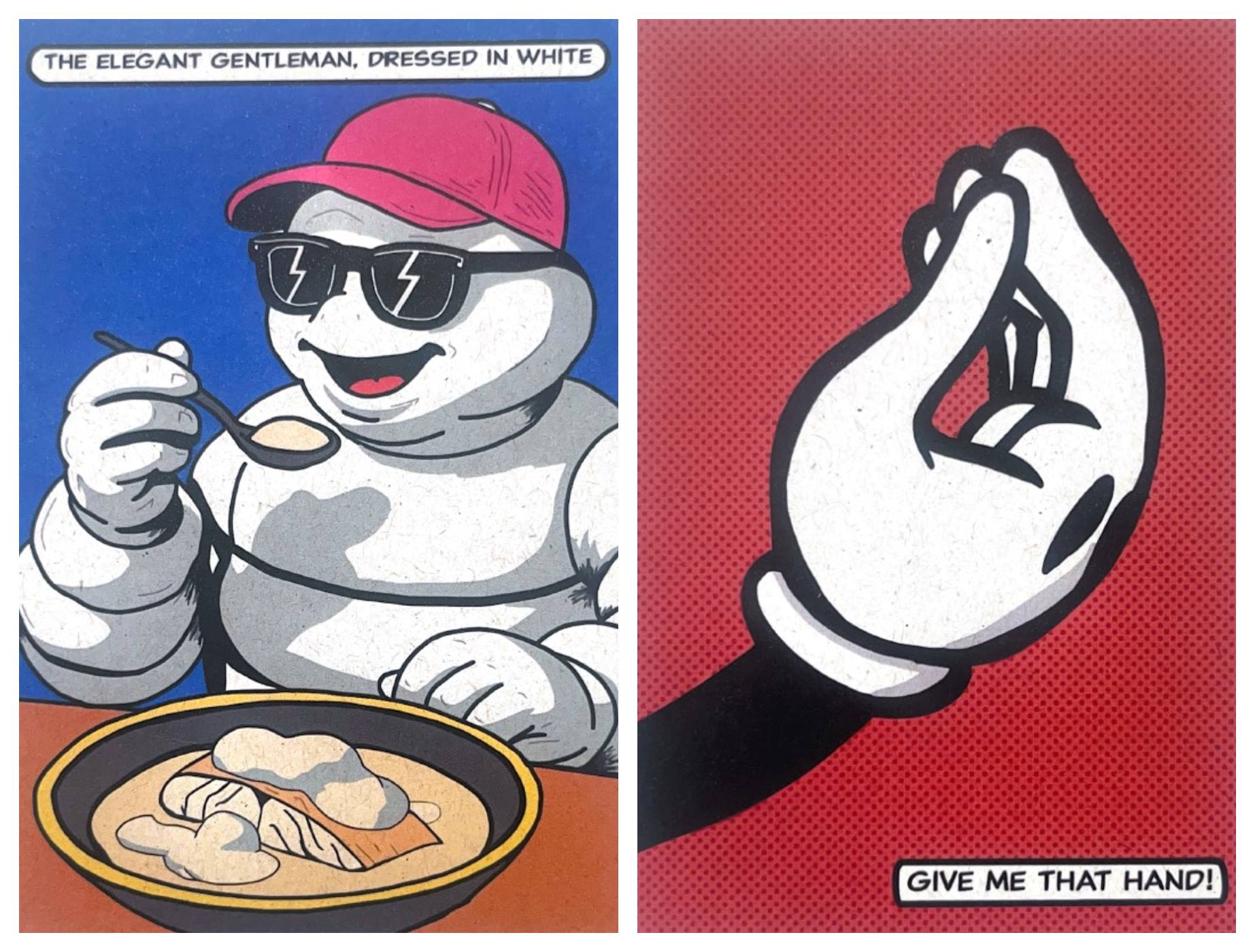 Dois dos cartões ilustrados pelo chef Luiz Filipe Souza que acompanham os pratos do restaurante Evvai. © MICHELIN Guide/Luiz Filipe Souza