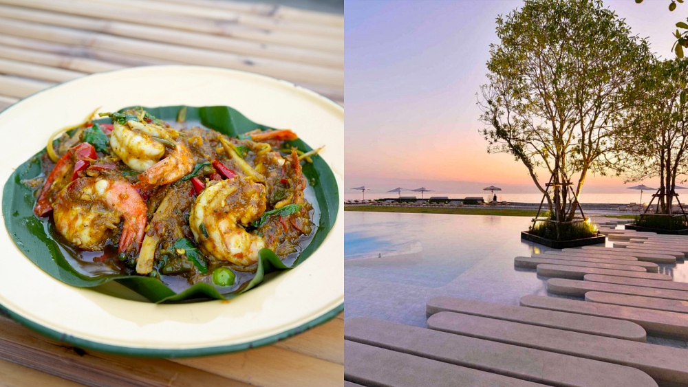 Spicy stir-fried shrimp, a signature dish at Klang Na Pla Khao, and a breezy beachfront evening at Veranda Pattaya MGallery. (© MICHELIN Guide, Veranda Pattaya MGallery)