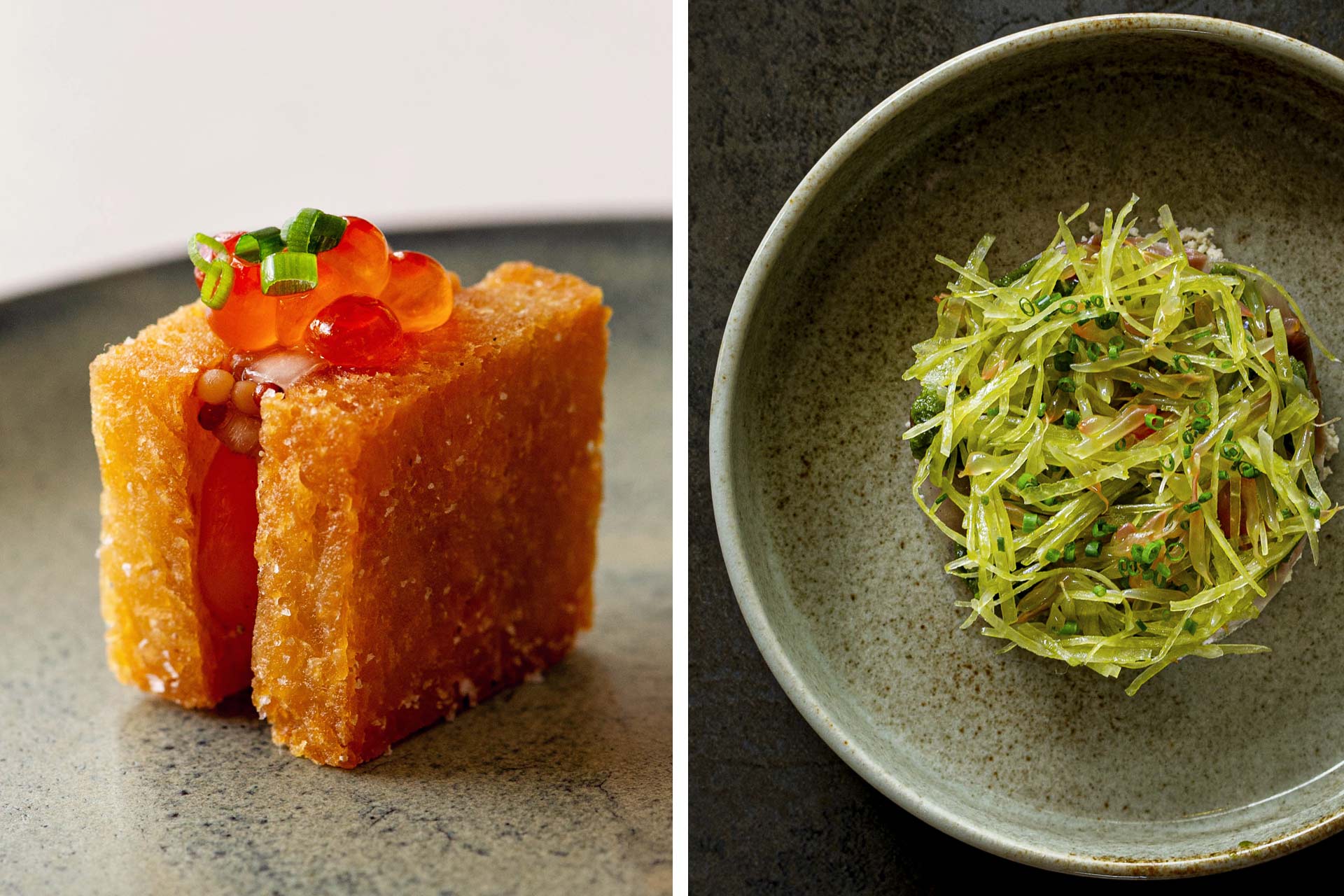 Egg yolk potato rosti sando topped with Yarra Valley salmon caviar and Veggie "Pasta." © Jamie Lee Fuoco/Farmer's Apprentice