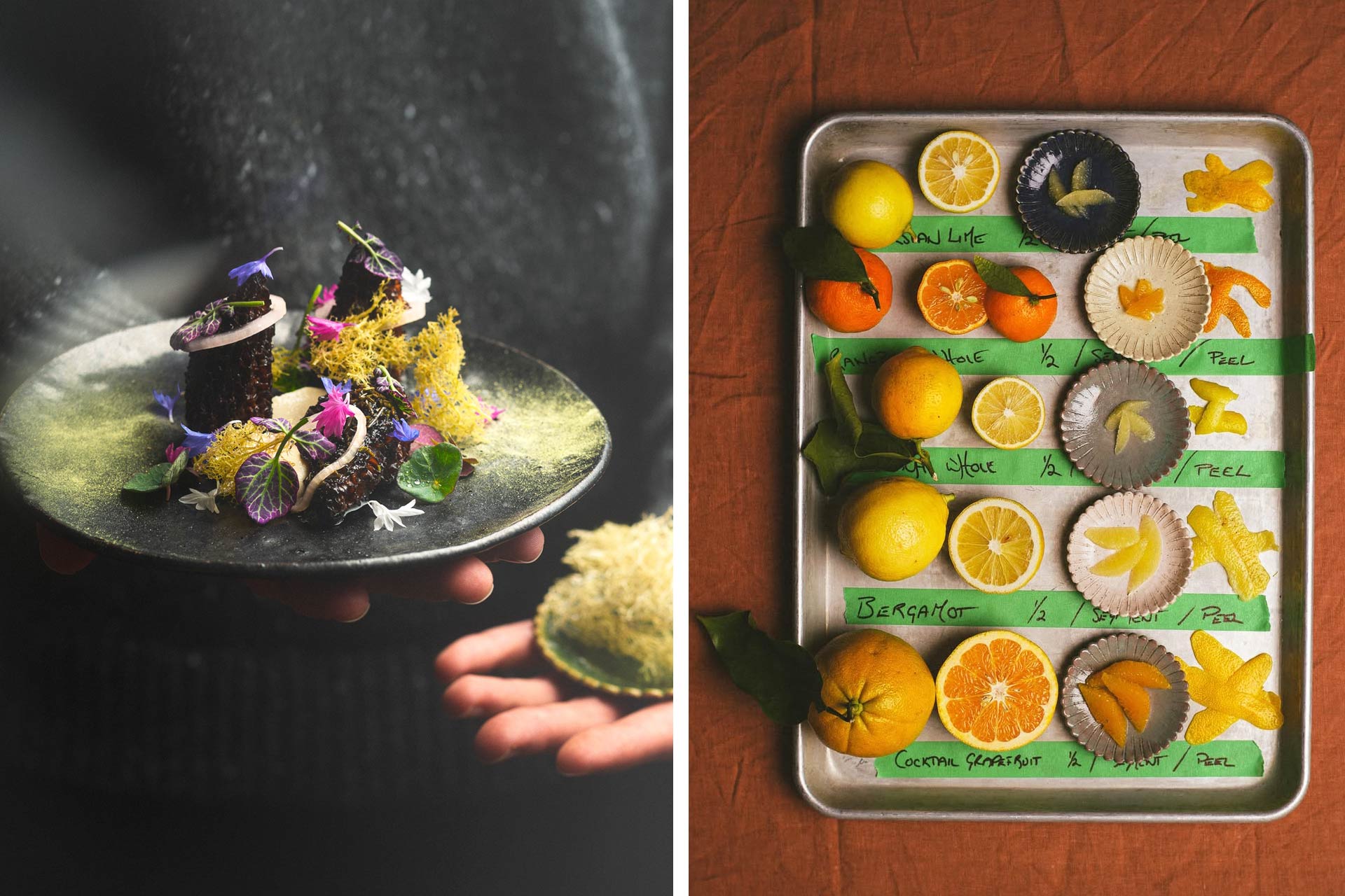"Budding Moon's Pine Resin" which includes charcoal-grilled morel mushrooms stuffed with braised burdock, fermented pine nut puree, pine resin syrup glaze and crispy lichen. "Citrus‑Scented Rain under a Snow Moon" spotlights citrus from Salt Spring Island. © Hakan Burcuoglu/Burdock & Co. 