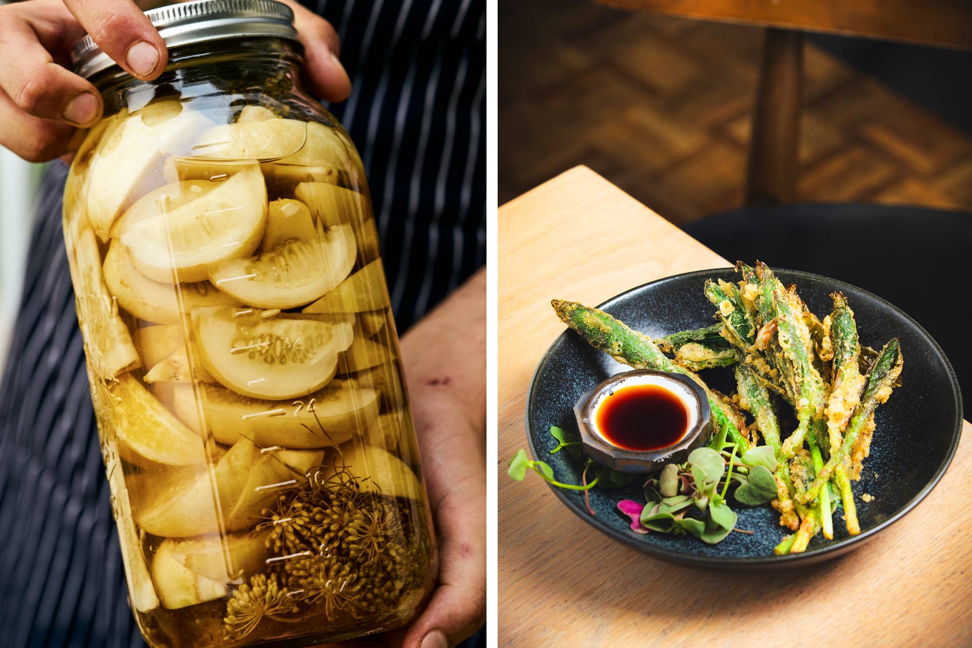 Through fermentation, pickling and canning, The Acorn preserves its fruits and vegetables at peak freshness.A striking dish of foraged lily shoots, tempura battered and served with yuzu ponzu, or in nettle and B.C. risotto. © Gabriel Cabrera | © Brent Harrewyn/The Acorn
