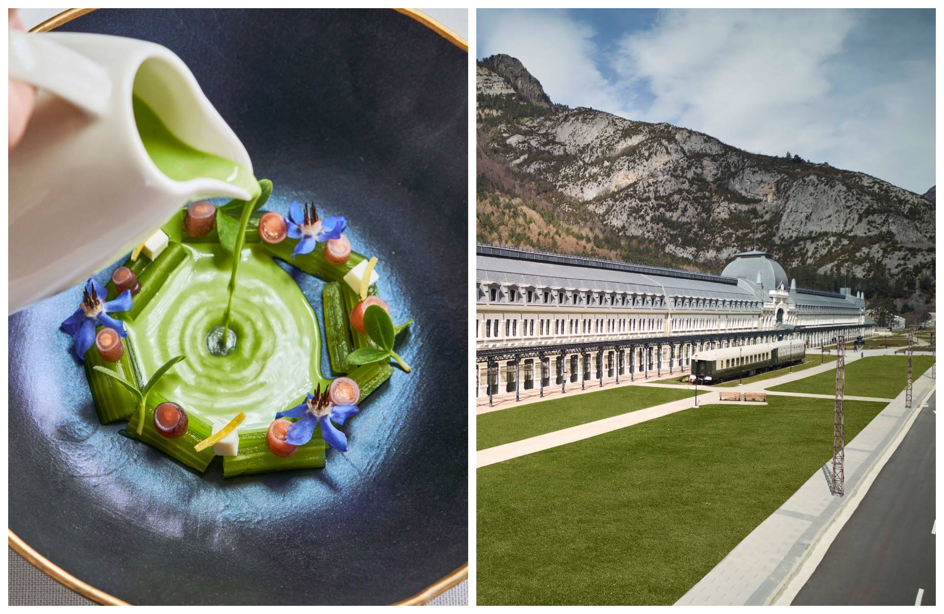Inside a restored carriage, Chef Eduardo Salanova presents a regularly changing tasting menu reinterpreting Aragonese traditions. © Canfranc Express