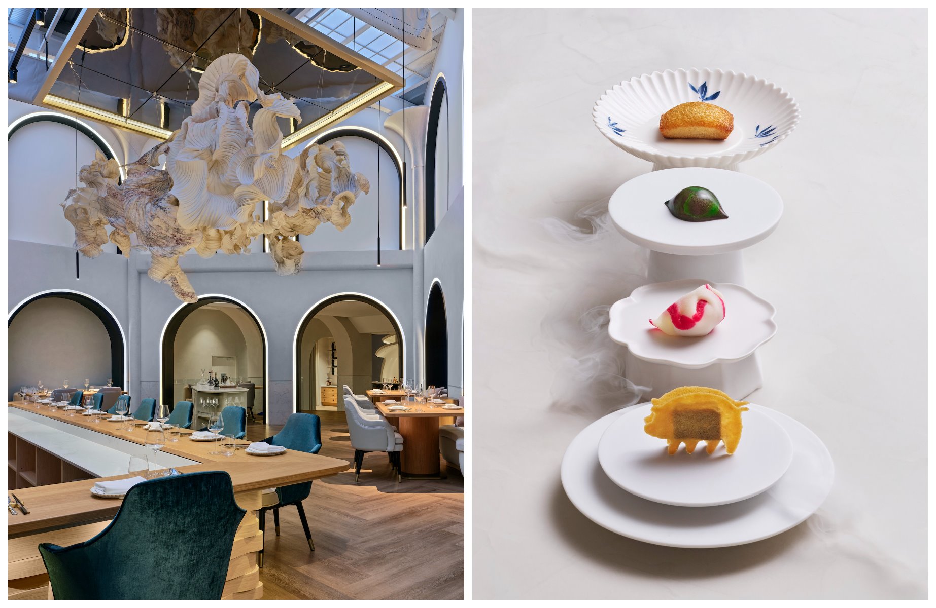 Beneath a suspended sculpture and arched interiors, the 9-course menu at Born unfolds through the chef’s “Circle of Life” philosophy. © Owen/Born