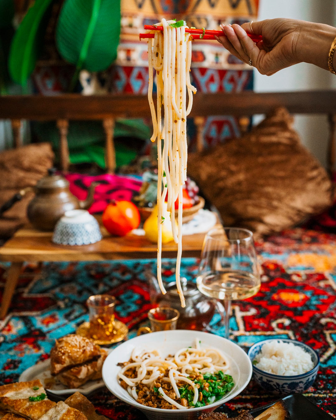 Meefen is a dish of stir-fried rice noodles with minced chicken, herbs and crispy soybeans. © Jahunger