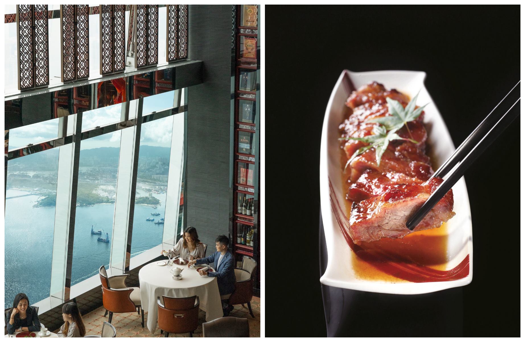 Les baies vitrées s'ouvrent sur le port de Victoria, tandis que le restaurant Tin Lung Heen propose une carte composée de plats cantonais raffinés, tels que le char siu nappé de miel. © Tin Lung Heen