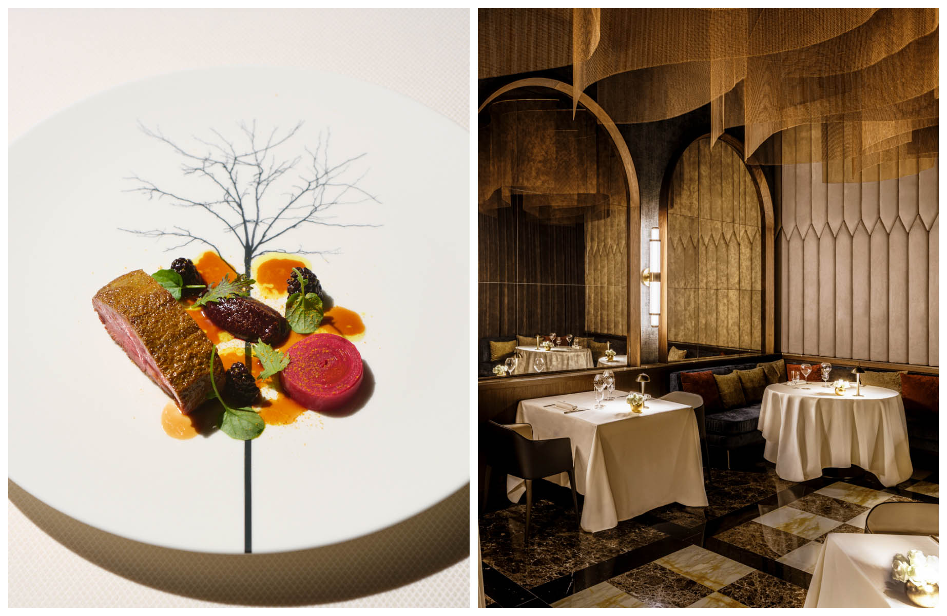 A beef dish and spectacular dining room at INEO restaurant, Rome. © Alberto Blasetti/INEO, © Ross Dixton/INEO