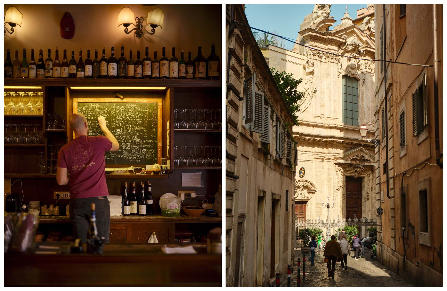 Writing up the day’s menu at Il Goccetto, and the shadows on the facade of Chiesa di Sant Antonio dei Portoghesi, Rome. ©Alberto Blasetti/The MICHELIN Guide