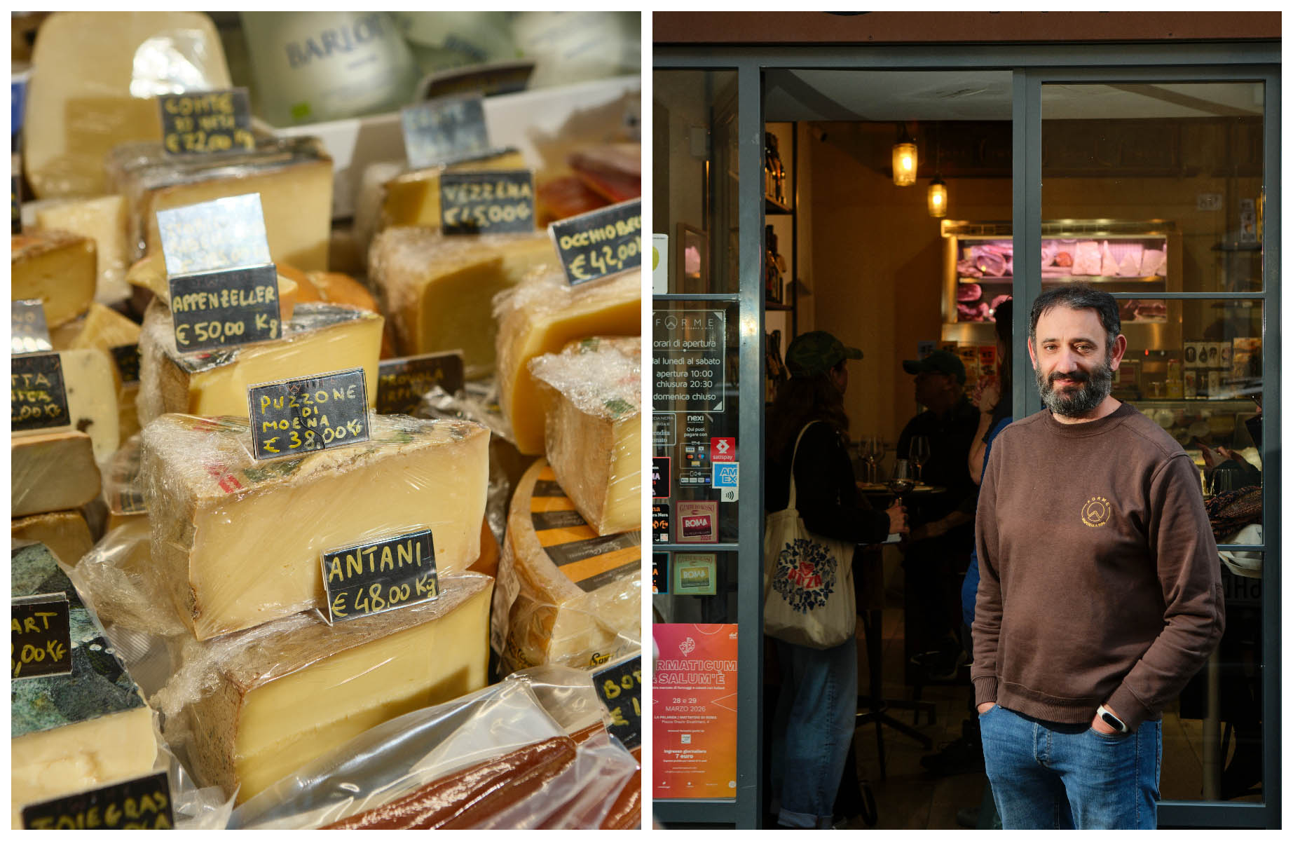 Italian cheese display at Forme La Dispensa and owner Pasquale Borriello. ©Alberto Blasetti/The MICHELIN Guide