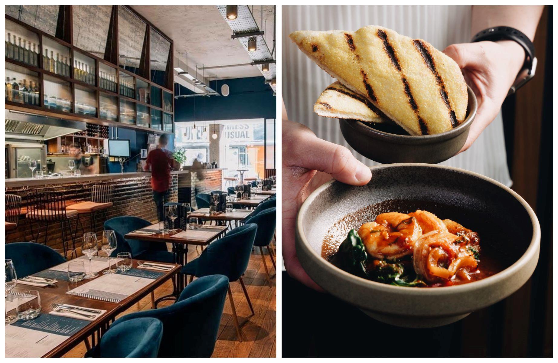 The dining room at EDŌ and the Spanish-inspired pil pil prawns. © edorestaurantbelfast/Instagram, © Ellie McDowell/EDŌ