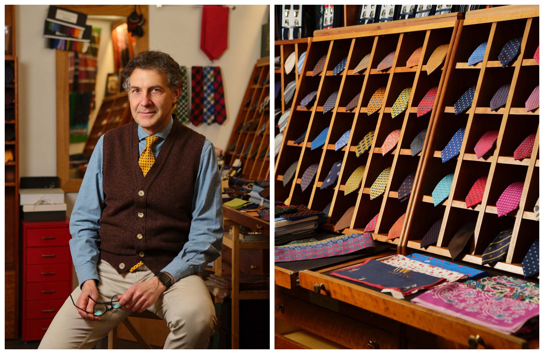 Danilo Cruciani, the co-owner of Cruciani & Bella, the place to go to pick up colorful handmade ties in Rome. © Alberto Blasetti/The MICHELIN Guide