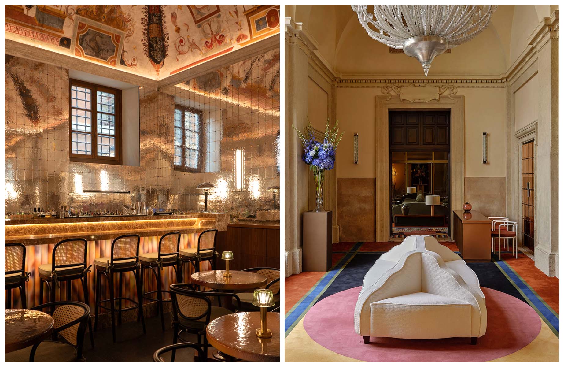 The dazzling bar and lobby of Palazzo Talìa hotel in Rome, which has Two MICHELIN Keys. ©Alberto Blasetti/The MICHELIN Guide