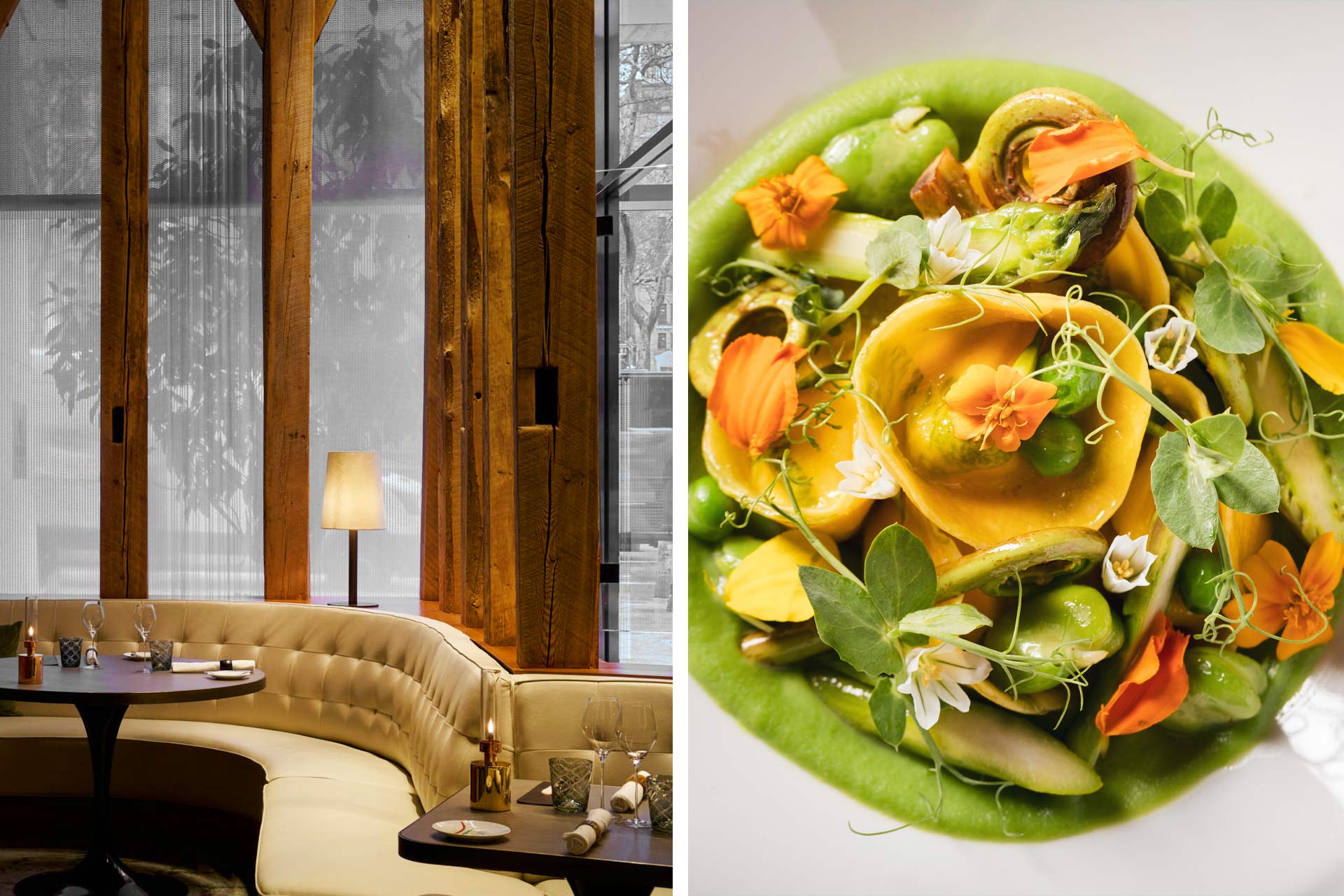 Quiet dining room of Gabriel Kreuther and tortellini from The Lambs Club. © Francesco Sapienza/Gabriel Kreuther | © Alex Staniloff/The Lambs Club