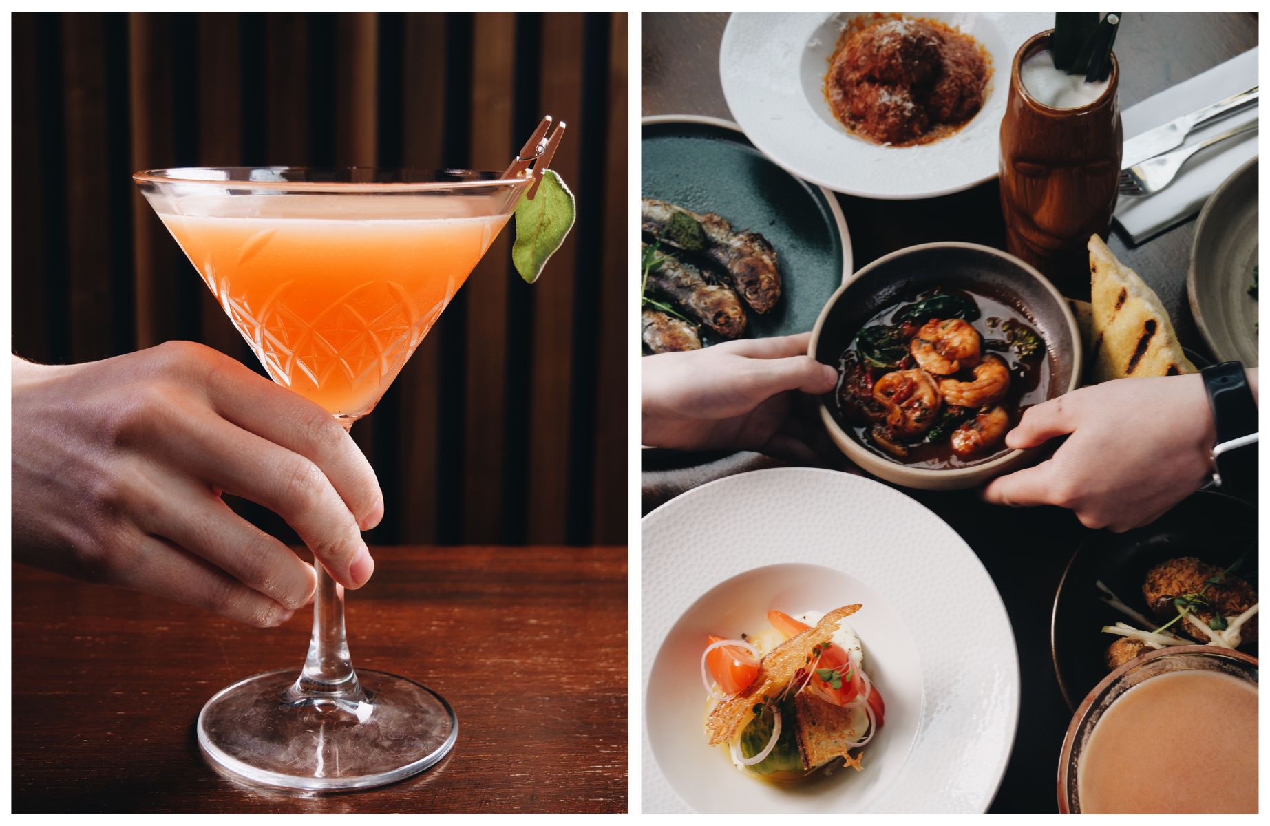 A blood orange martini alongside several dishes from EDŌ in Belfast. © Ellie McDowell/EDŌ
