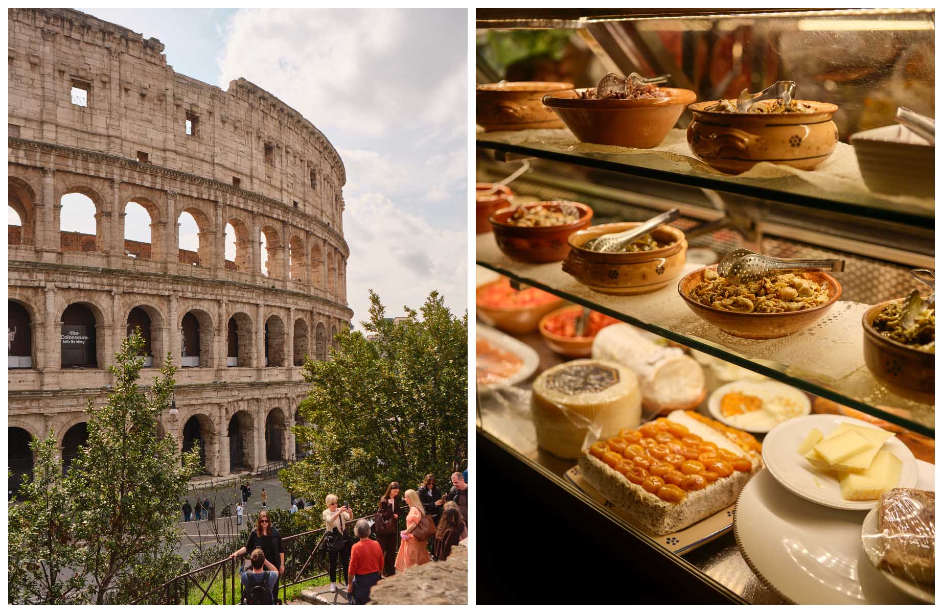 The Colosseum and Il Goccetto, a classic wine bar with a chalkboard menu, charcuterie platters and an arched space lined with bottles. ©Alberto Blasetti/The MICHELIN Guide