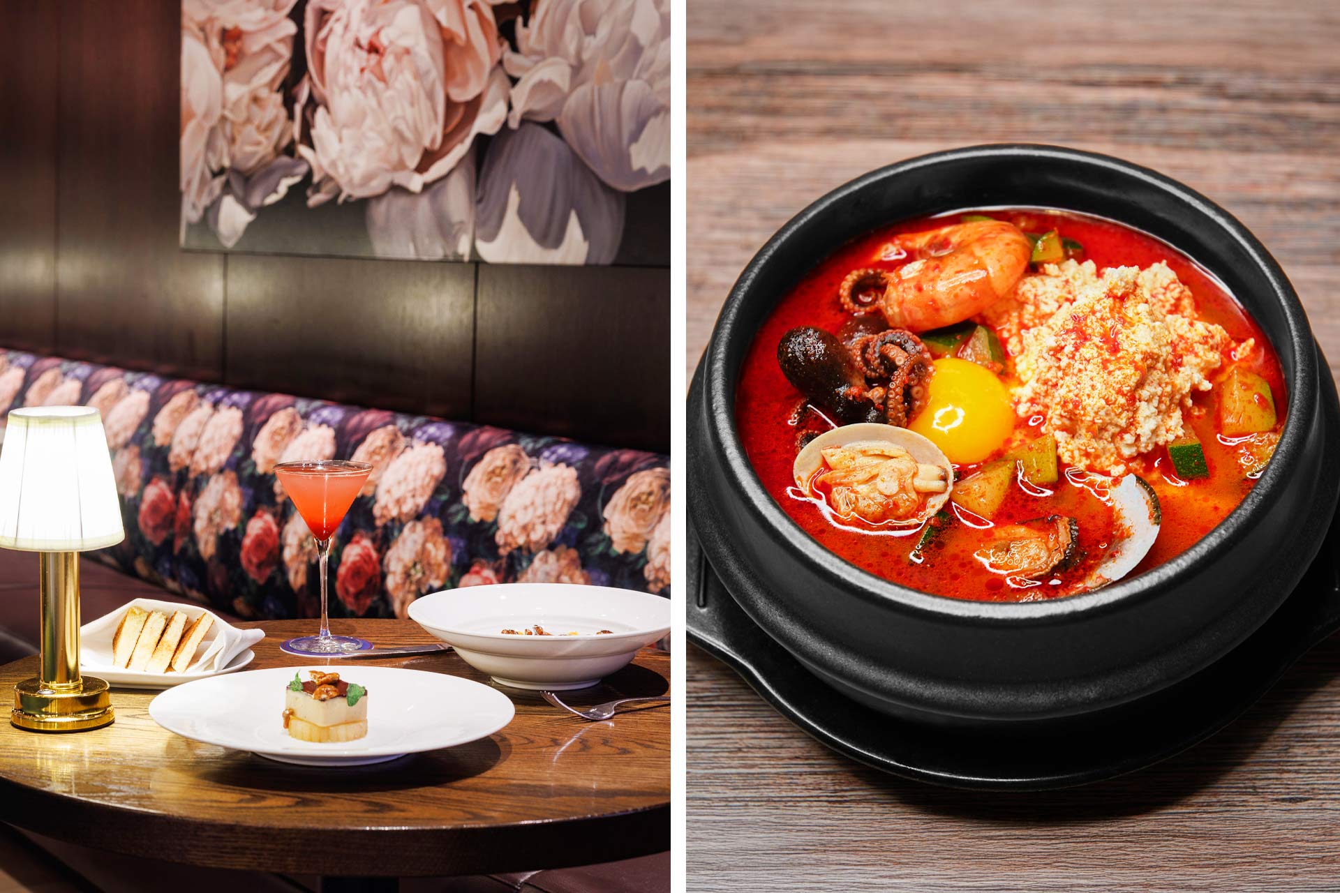 Ai Fiori leans into its name for its design inspiration. The spicy soft tofu stew from Cho Dang Gol is a must order. © Alex Stein/Ai Fiori | © Moonhee Kim/Cho Dang Gol