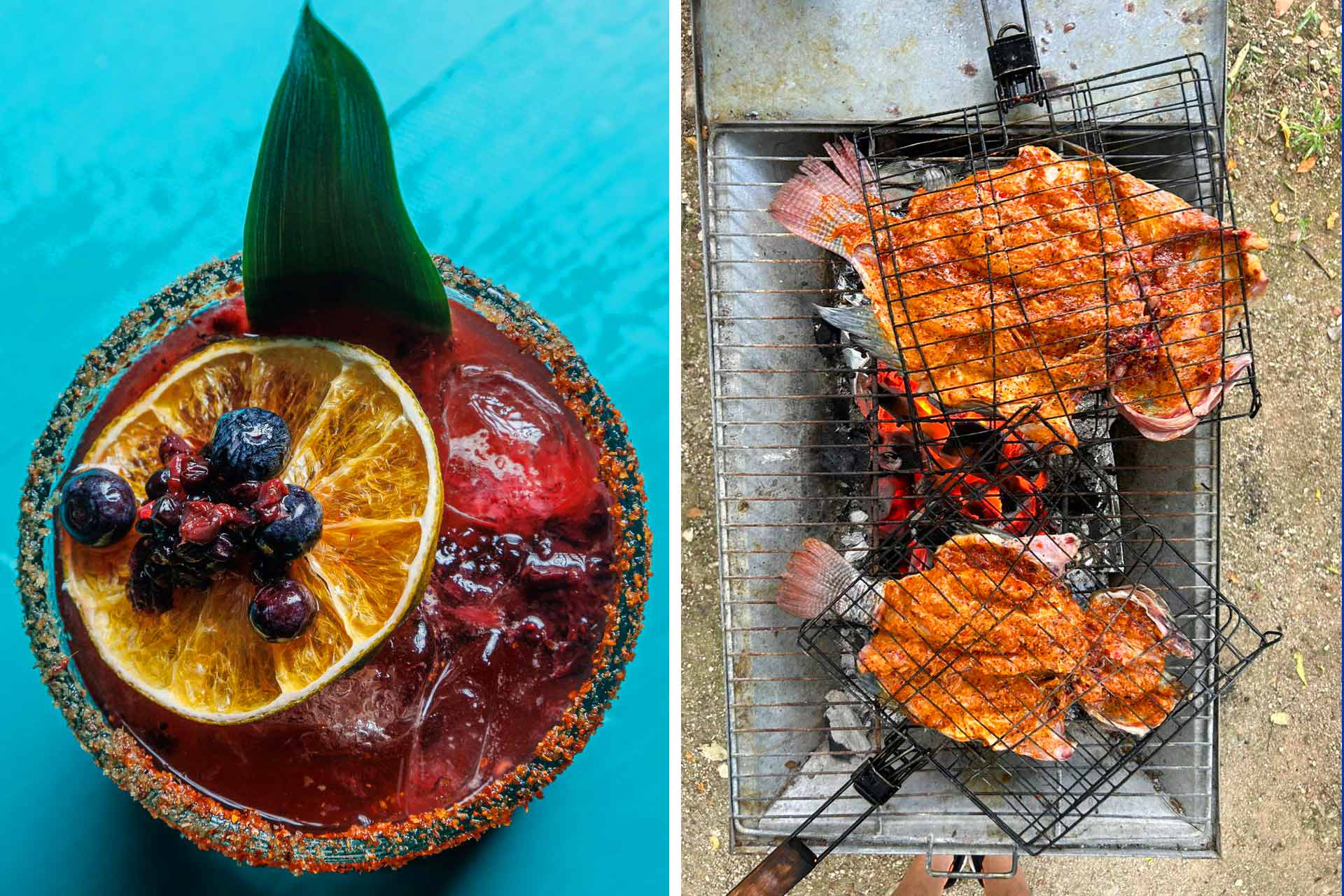 Margarita on signature turquoise table and grilled fish. © Daniela Mendez/Kiosco Verde