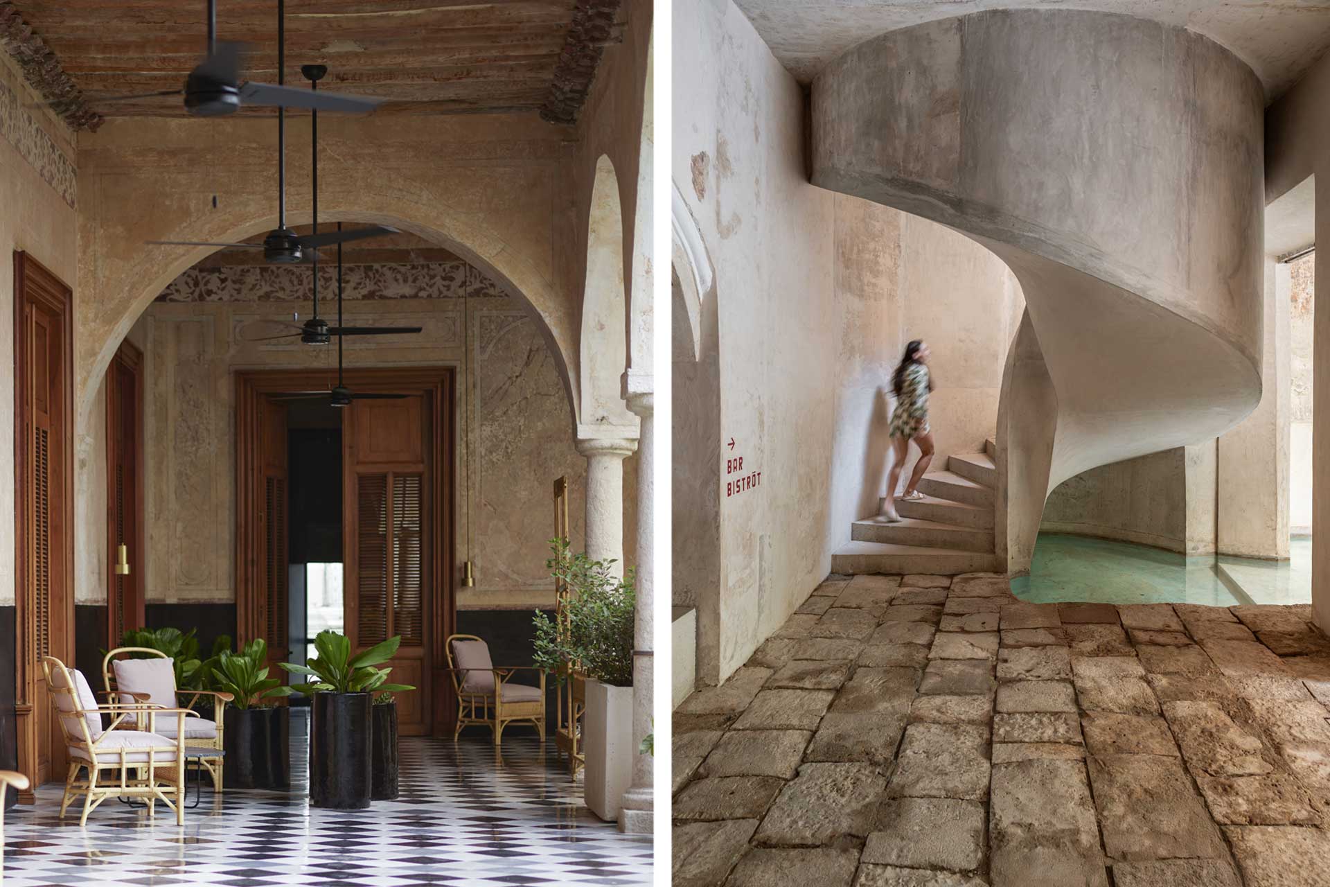 Les intérieurs mêlent les arches d’origine de la villa du XVIe siècle à une esthétique minimaliste et à des touches brutalistes. © Rodrigo Hermida, Hotel Sevilla