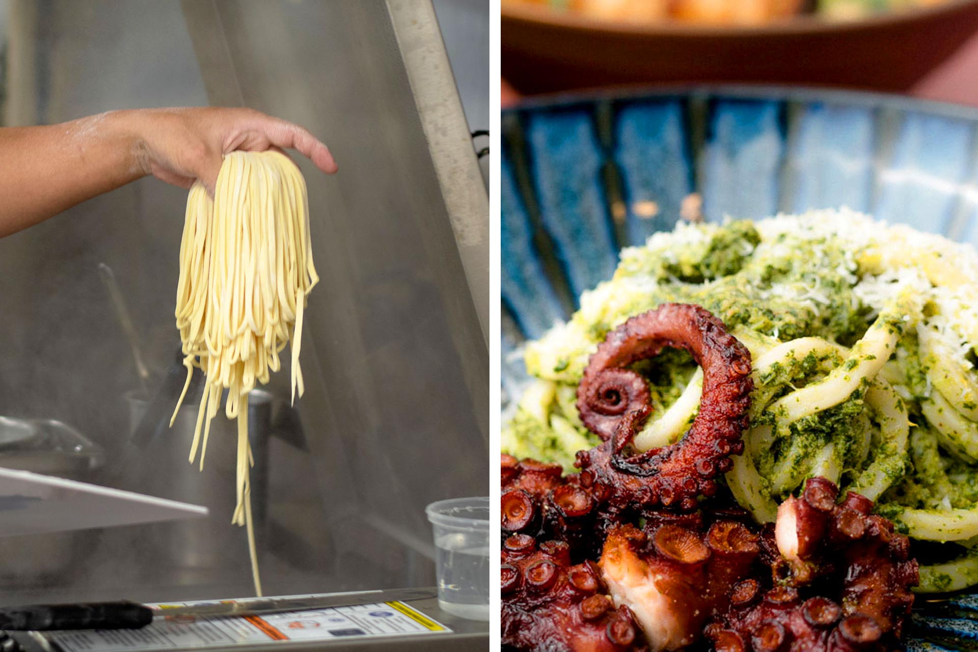 Gathering the fresh udon noodles and octopus with udon noodles. © Motonobu Udon