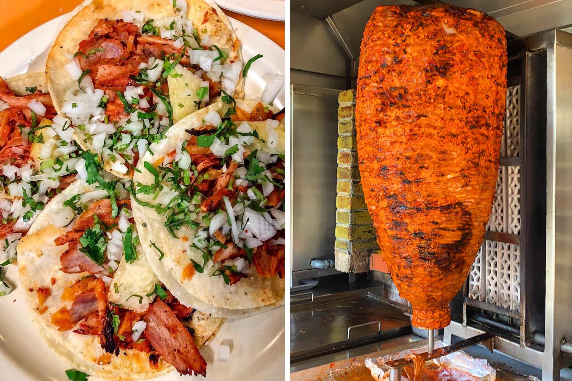 Tacos “con todo” and trompo al pastor. © El Fogón