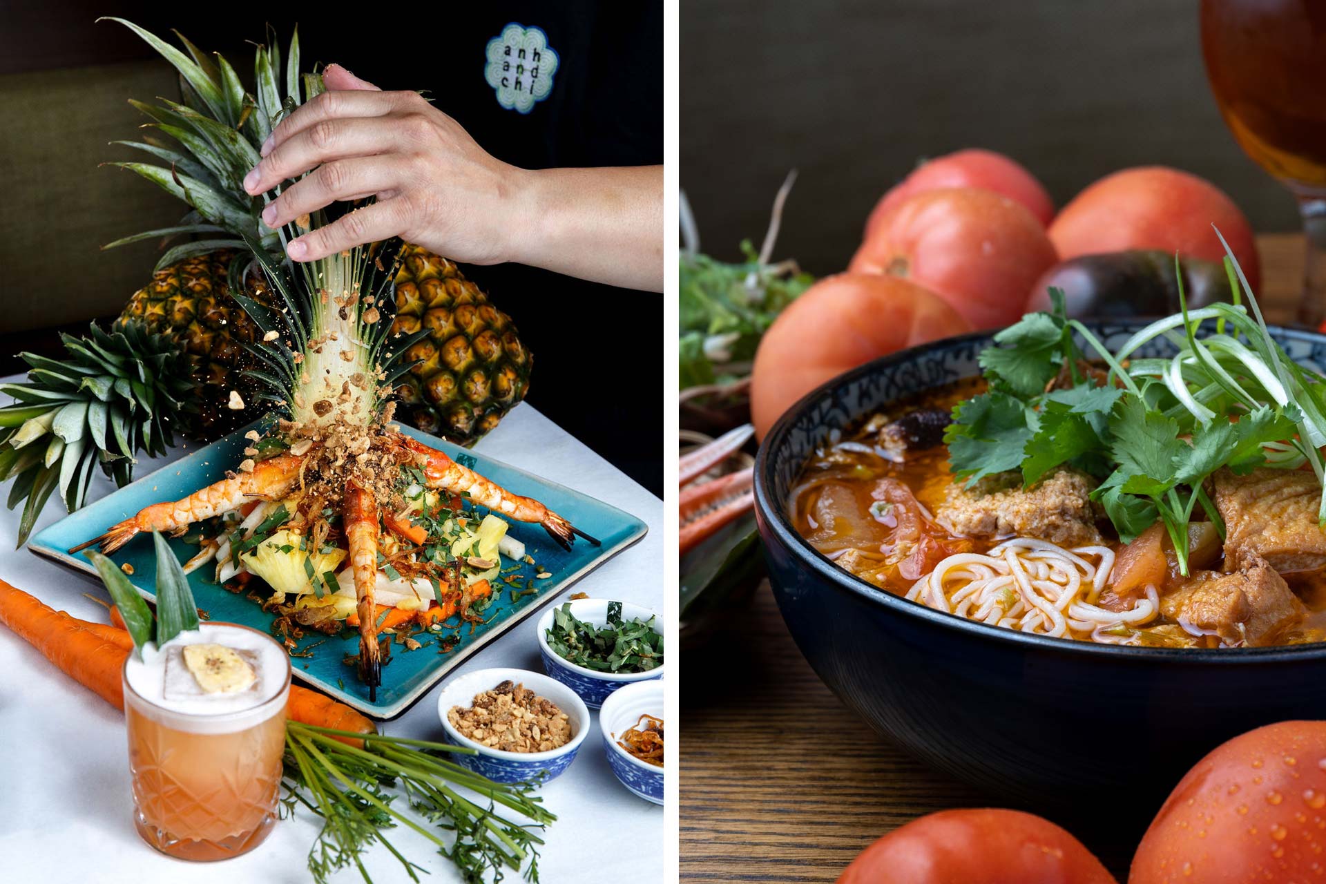Gỏi Xoài, Fresh Mango Salad with Grilled Prawns served in a pineapple shell and their grandmother’s specialty Bún Riêu Cua.© Leila Kwok/Anh and Chi