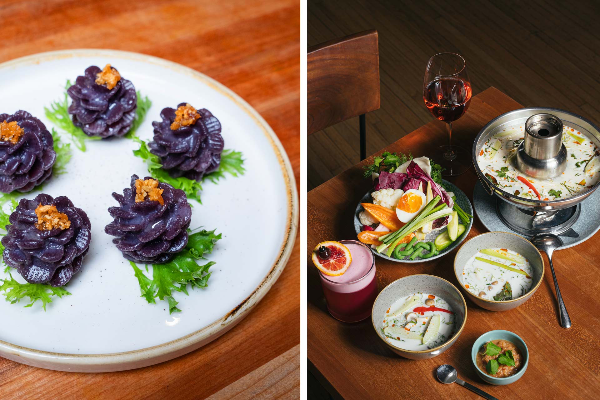 Chor Muang, traditional Thai steamed flower-shaped dumplings and Tom Kha spread. © Olivia Horrell | Alaina Michelle Photography/Maenam
