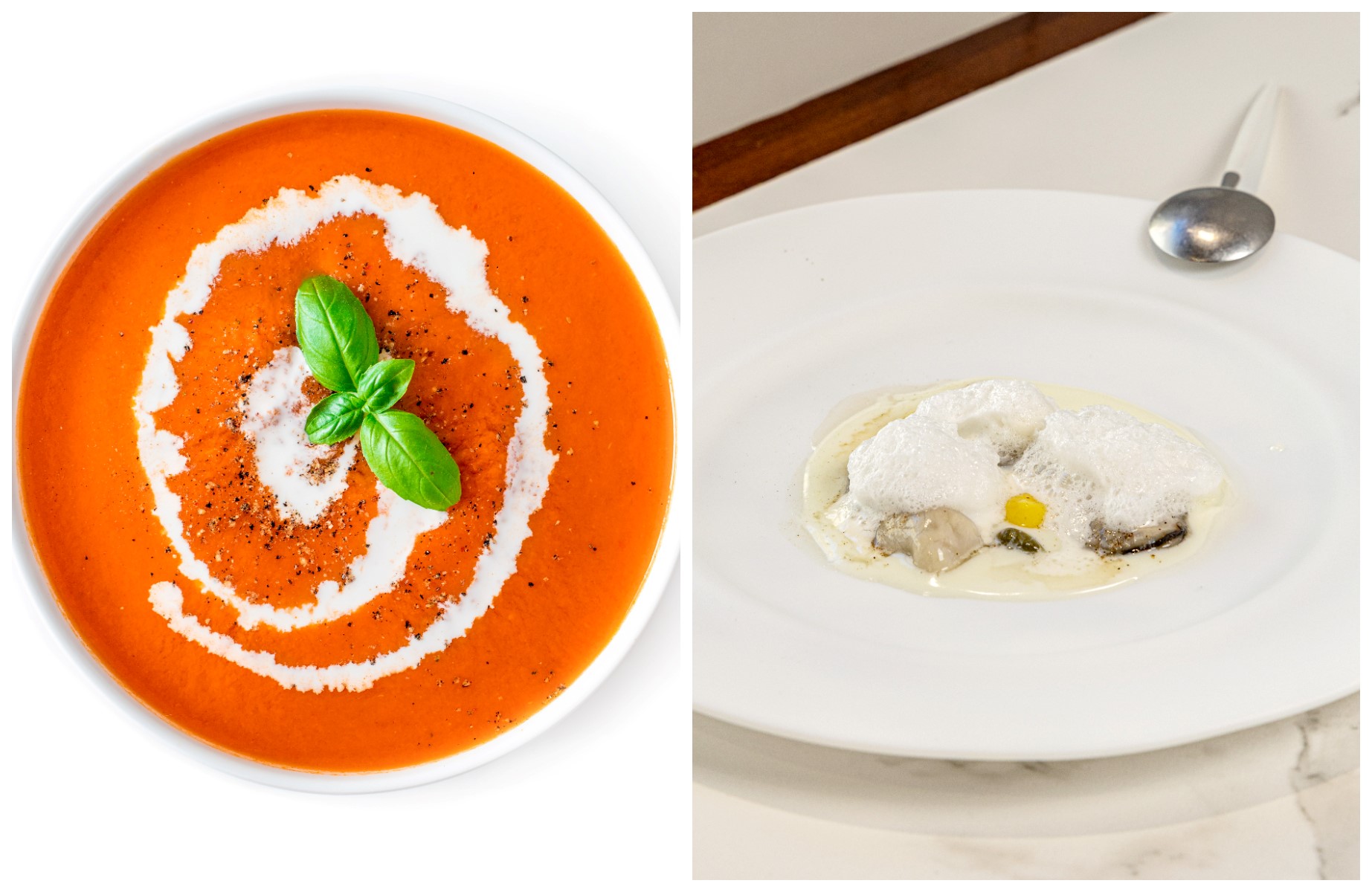  Gazpacho léger, frais et savoureux, l’une des recettes les plus emblématiques de l’Andalousie. Et, à droite, dorade au lait de chèvre fermenté sur un lit de pois chiches et d’épinards, élaborée par Hans Lange Rodriguez. © À gauche : Zakharova_Natalia/iStock ; À droite : MICHELIN Guide