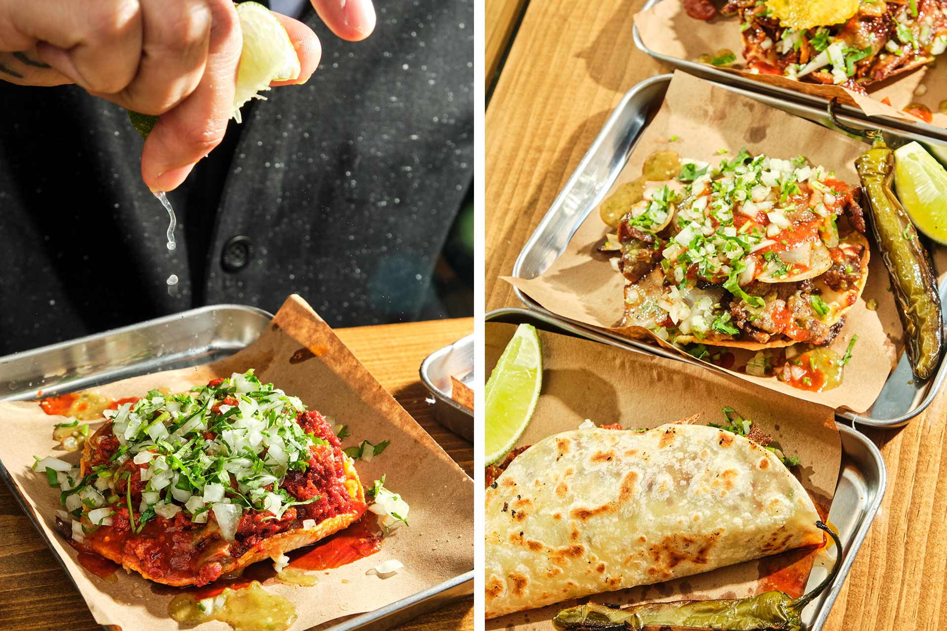 Marinated pork belly and flank steak tacos on homemade corn tortillas. © Adam Friedlander/Taqueria El Chato