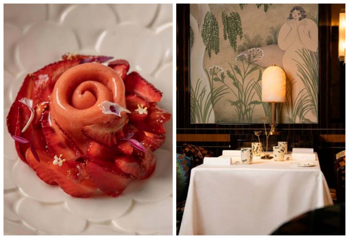A refined strawberry dessert at One-Star restaurant Ombellule in Lyon, served in a 1930s Orient Express–inspired dining room of dark wood, frescoes and claret banquettes. © Ombellule