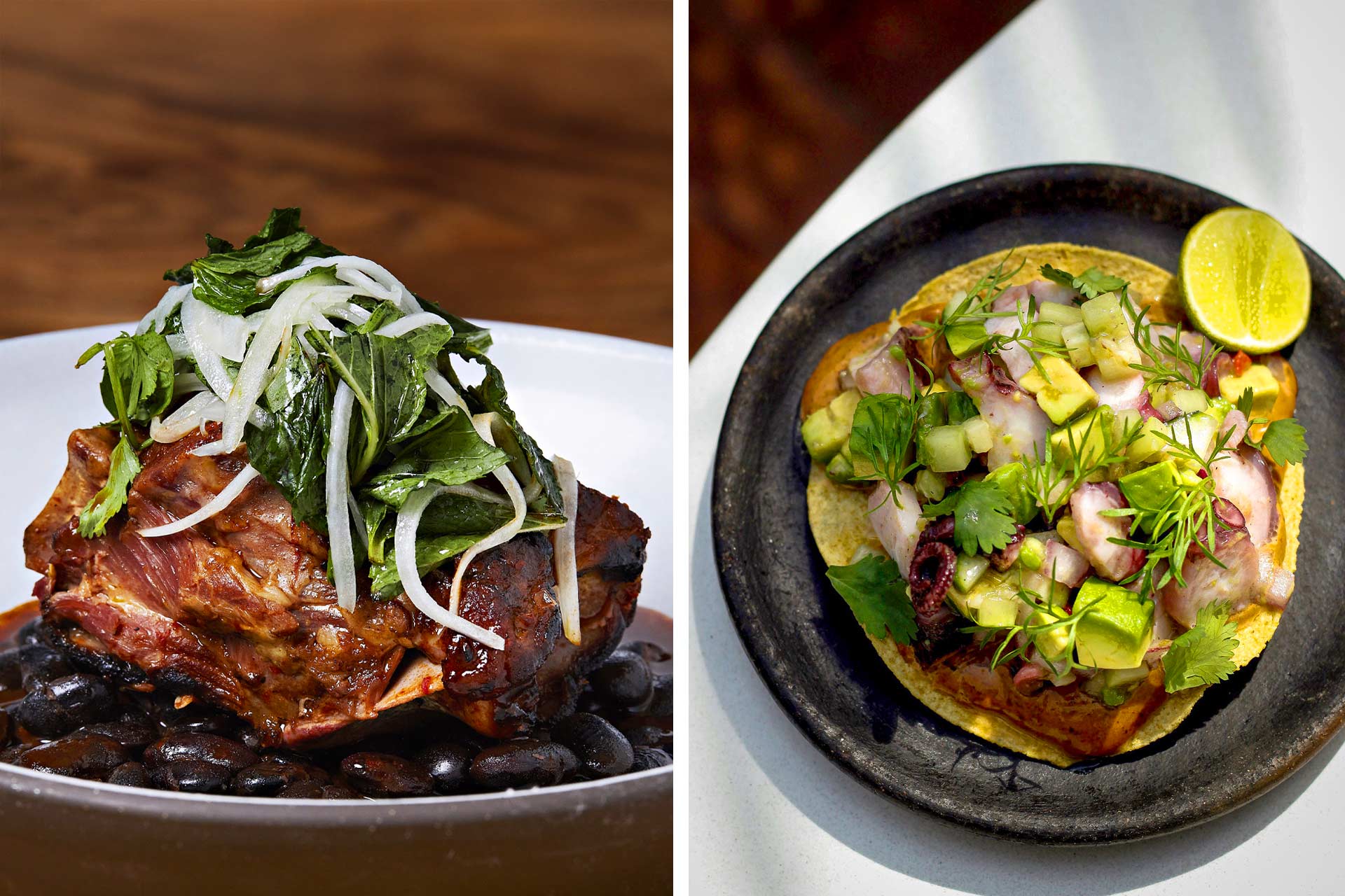 Lamb neck barbacoa and seafood tostada. © Deb Lindsey | © Kelsey Shoemaker/Pascual