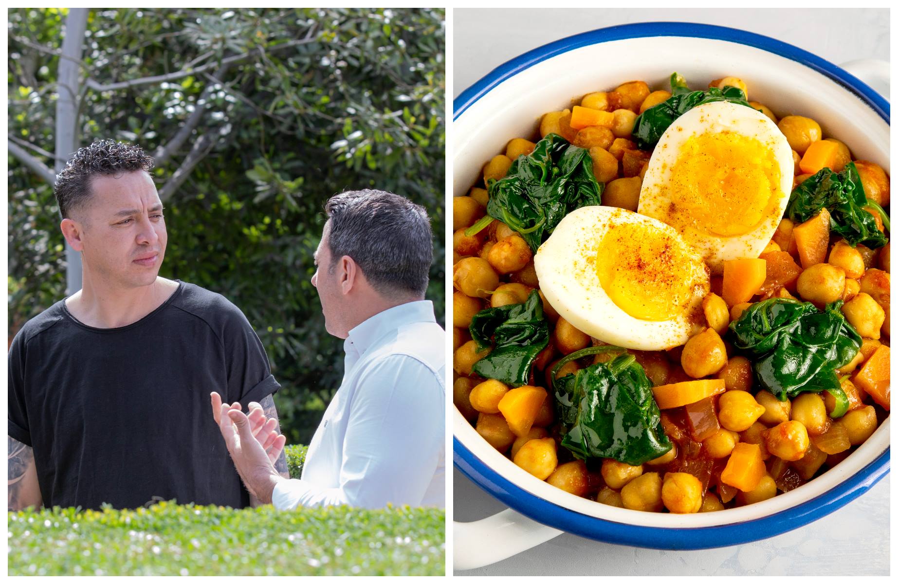 Le chef allemand Hans Lange Rodriguez, propriétaire de Teko, à Essen, et Juan Luis Fernández, du restaurant Cañabota, dans les jardins de l’Alcázar de Séville. Épinards aux pois chiches : une recette humble qui condense l’essence de la capitale andalouse. © À gauche: MICHELIN Guide ; À droite: Mila Bond/iStock