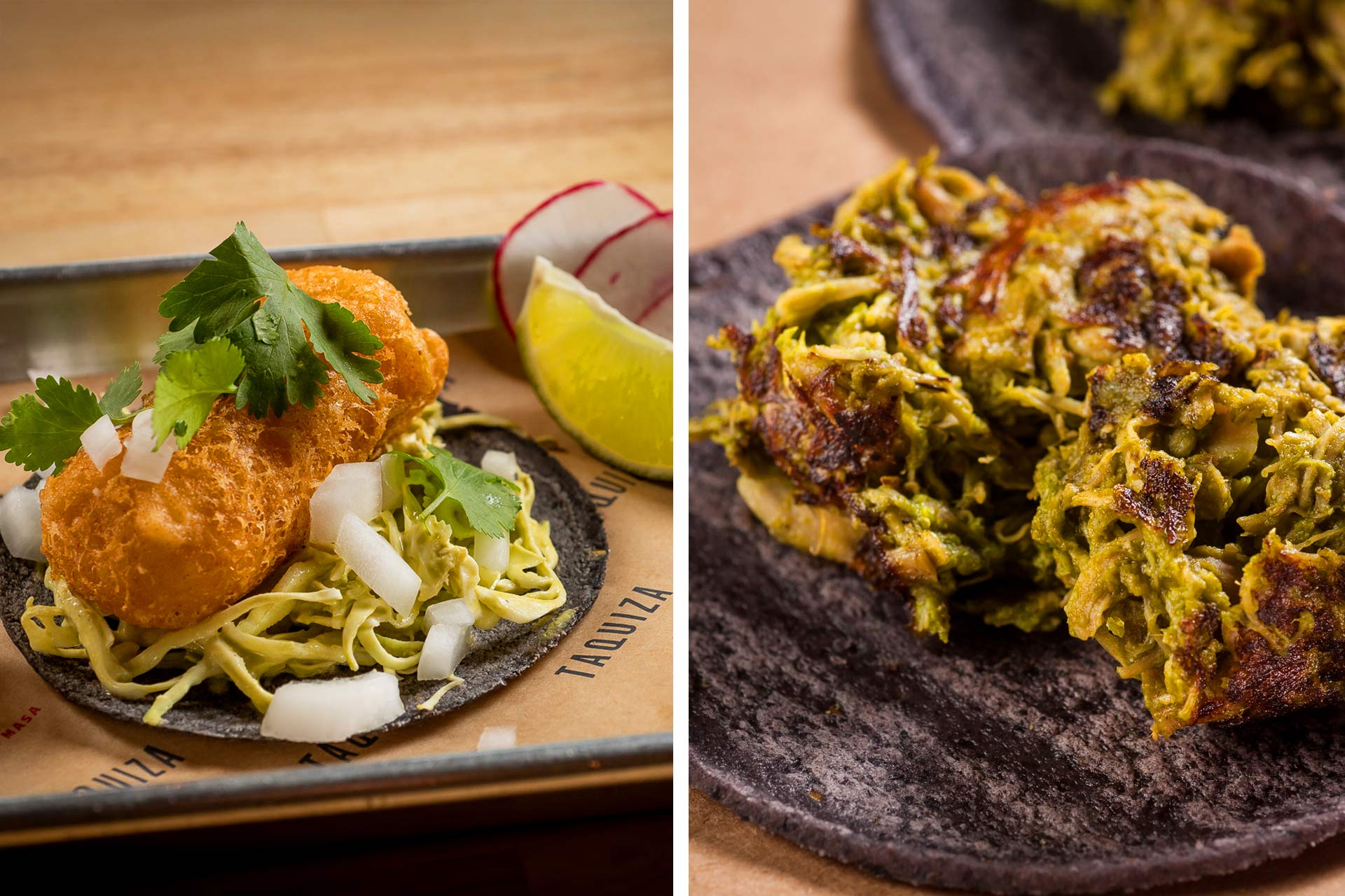 Mahi taco and Tecate beer-braised chicken tacos on homemade blue corn tortillas. © Anthony Nader/Taquiza