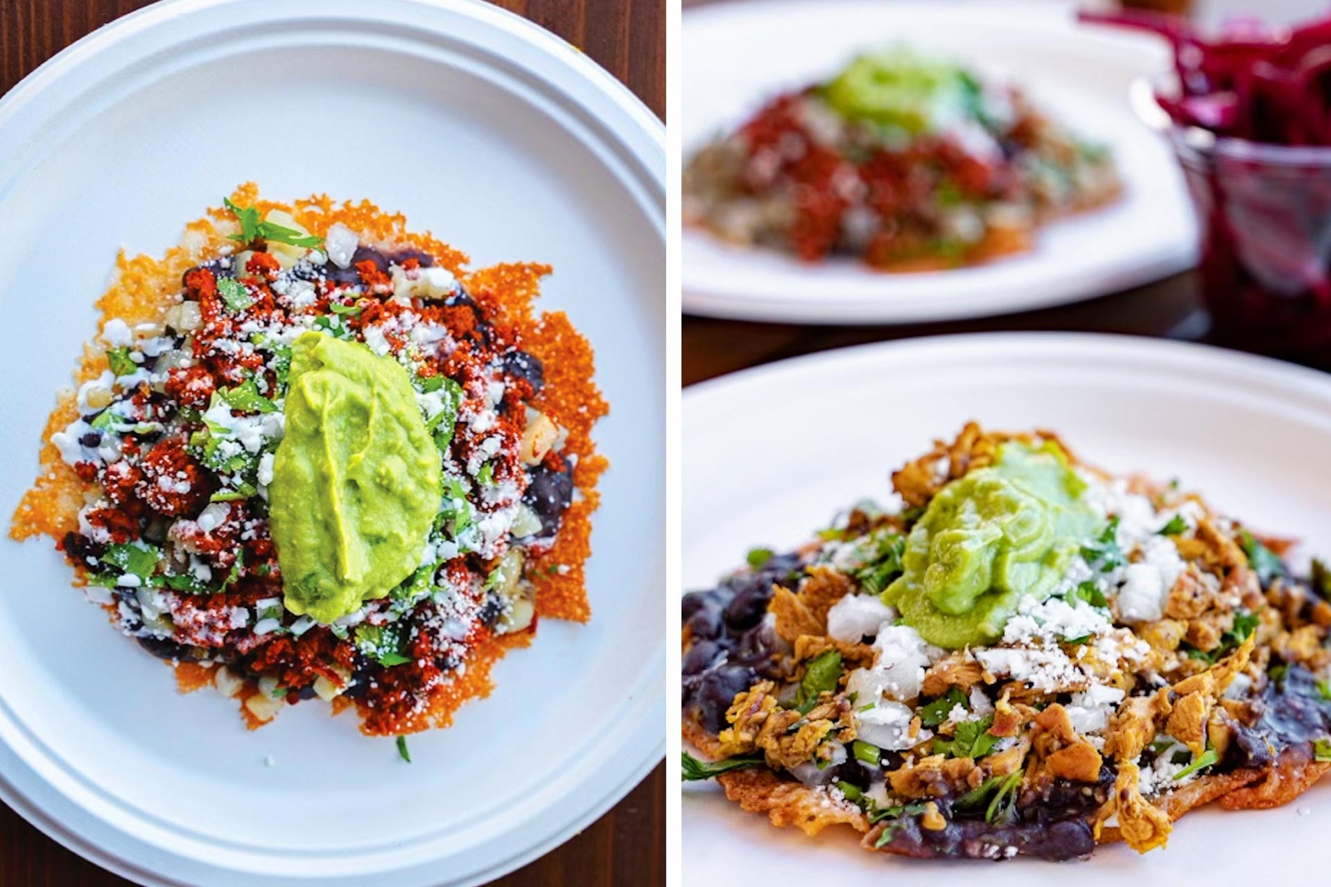 Queso taco, with refried beans, onion, cilantro, guacamole, cotija cheese, crema and melted Monterrey Jack stacked on a blue corn tortilla. © Memo Torres/Villa's Tacos