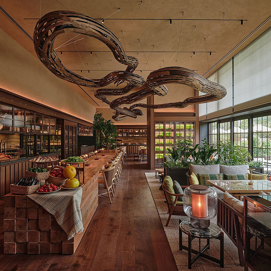 Art built into essential functions and hanging over head defines Patina Osaka's signature design. ©Patina Osaka
