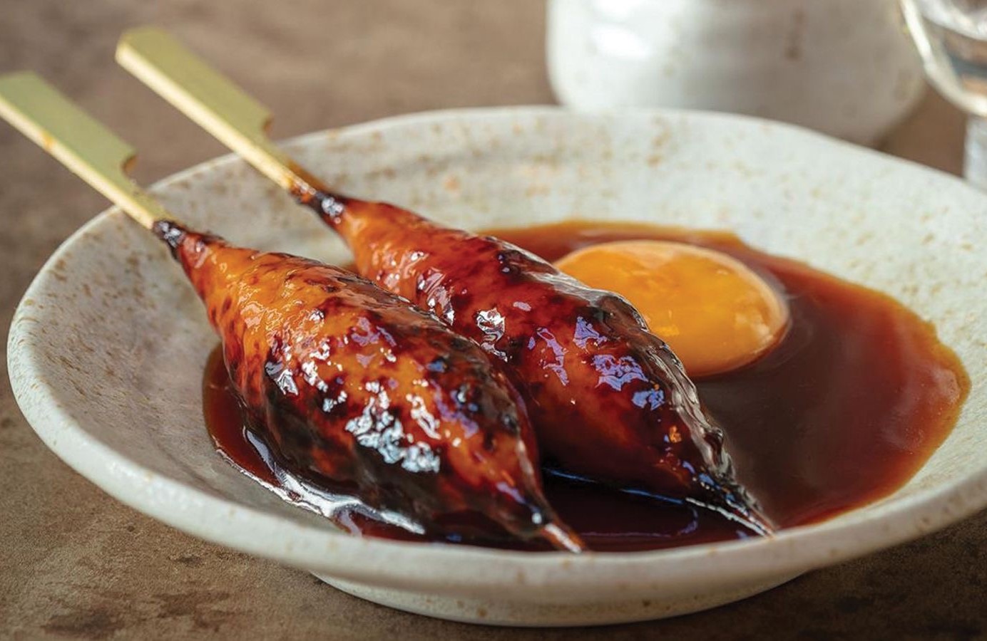 Chicken Tsukune, Tare, Egg Yolk at Kushi-Ya, Nottingham. © darren/Kushi-Ya