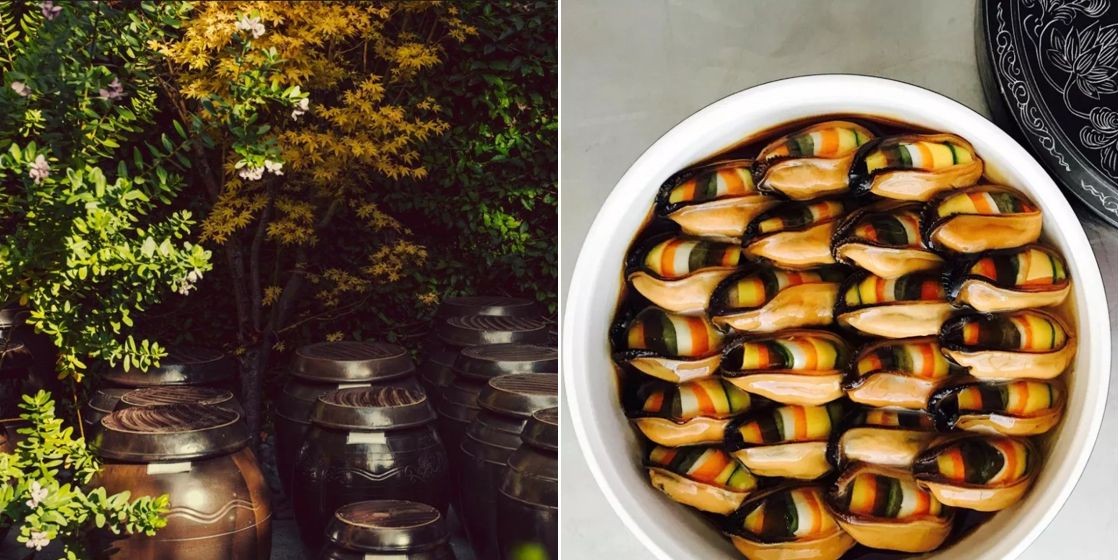 Traditional Korean 'jangdok' jars for fermenting condiments, left, and mussels with glass noodles at Benu. © Corey Lee/Benu