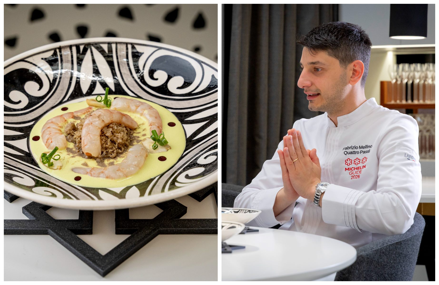 Pistachio curd with praline, white shrimp, curly chives and garum, created by Morales; and Mellino about to taste it in the dining room at Noor. © Michelin Guide