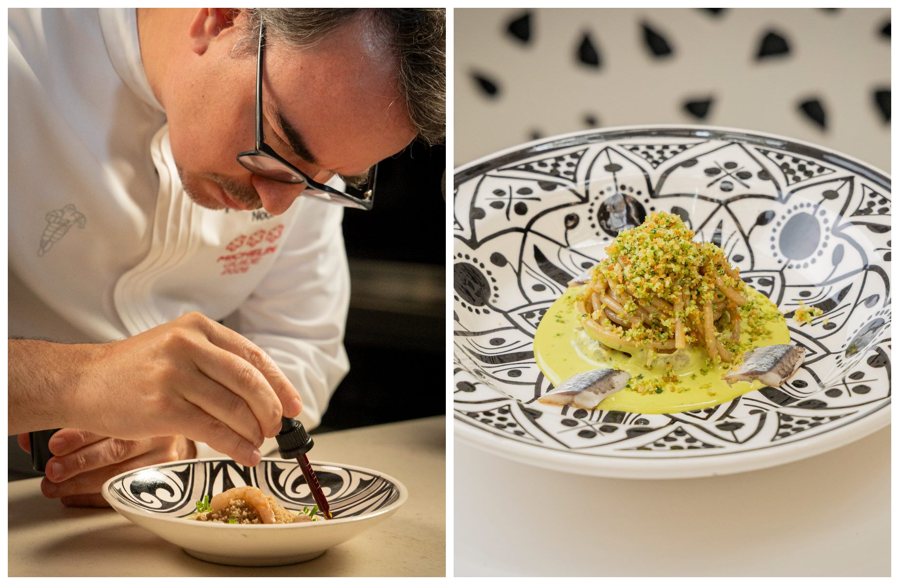 Morales in action in Noor’s kitchen, and spaghetti prepared by Mellino with Andalusian anchovy sauce, white garlic, pistachios and smoked eggplant. © Michelin Guide