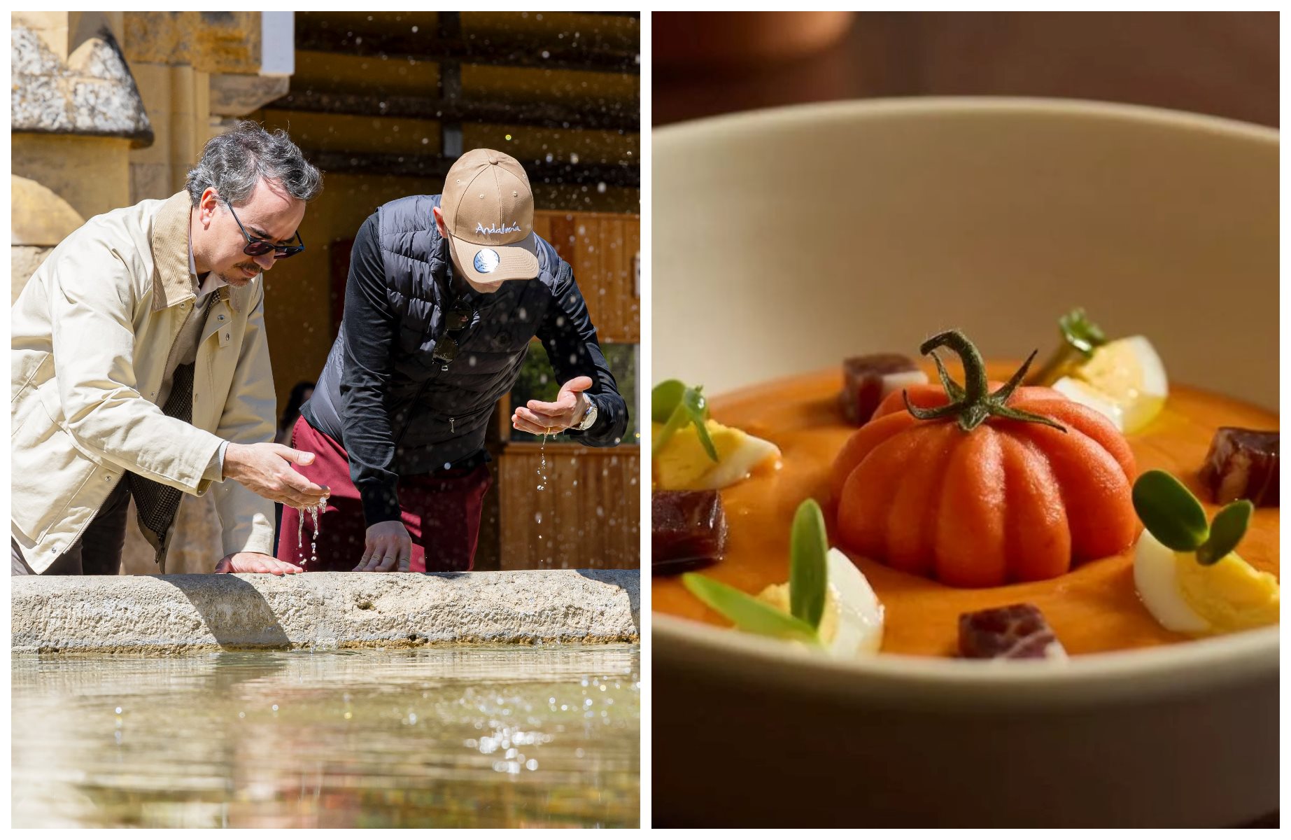 Morales and Mellino in front of the Mosque-Cathedral, and the salmorejo from the Regadera restaurant, one of the Spanish chef’s favorite culinary havens in Córdoba. © Michelin Guide, © Adrián Perea/Regadera