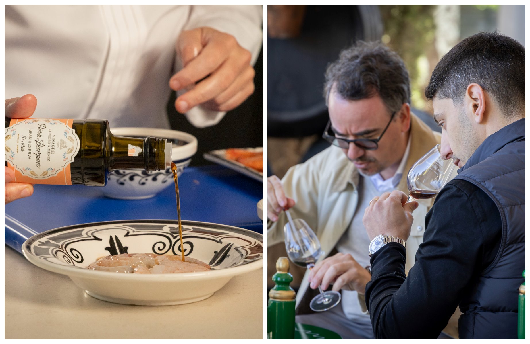 Morales cooking with Gran Reserva vinegar, made from 100% Pedro Ximénez grapes sourced from the finest albariza vineyards in the Sierra de Montilla, and the chefs tasting the vinegar at the Pérez Barquero winery. © Michelin Guide