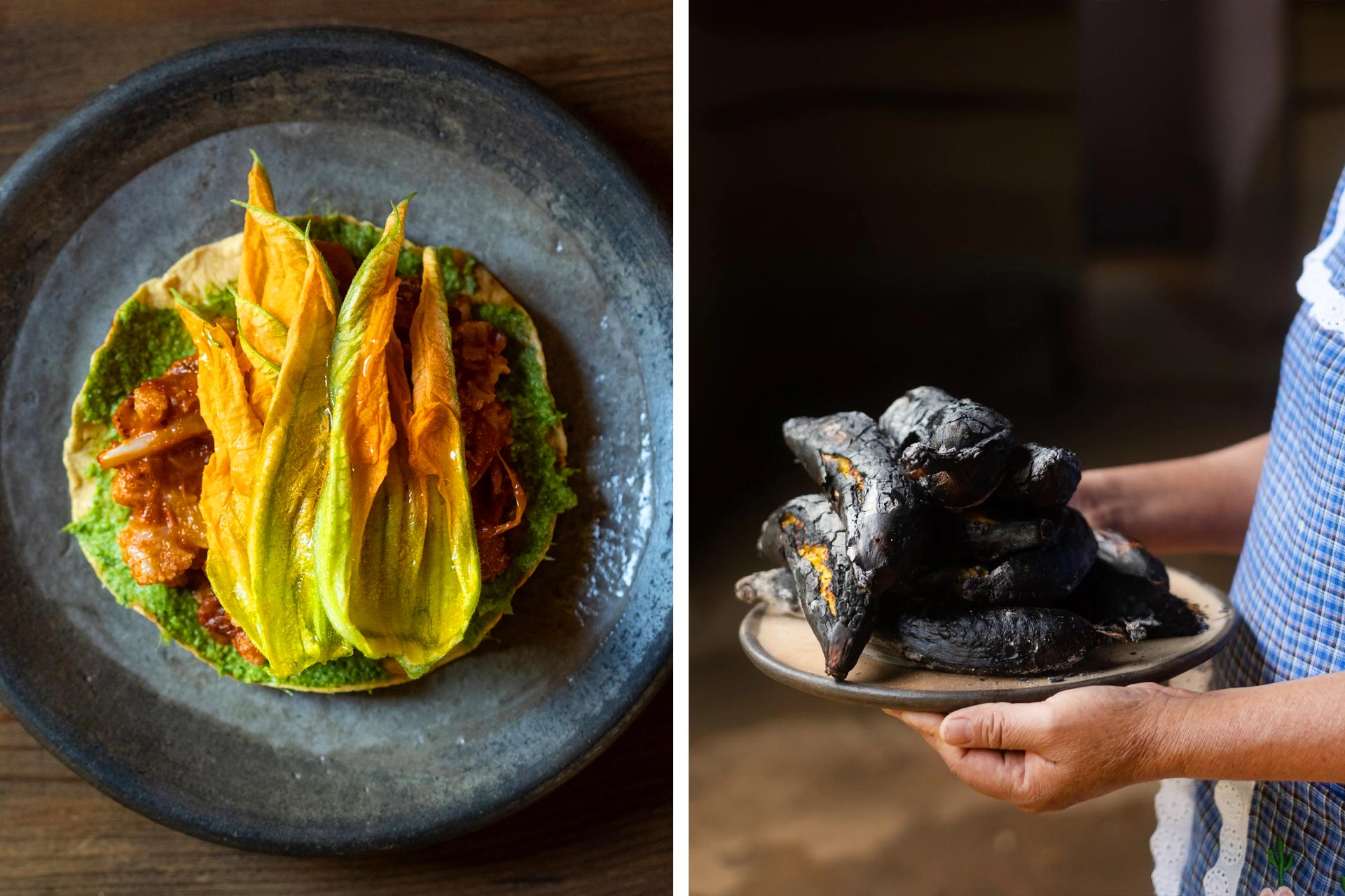 Cauliflower Tostada with squash blossom and freshly roasted plantain for the mole. © Alfonsina