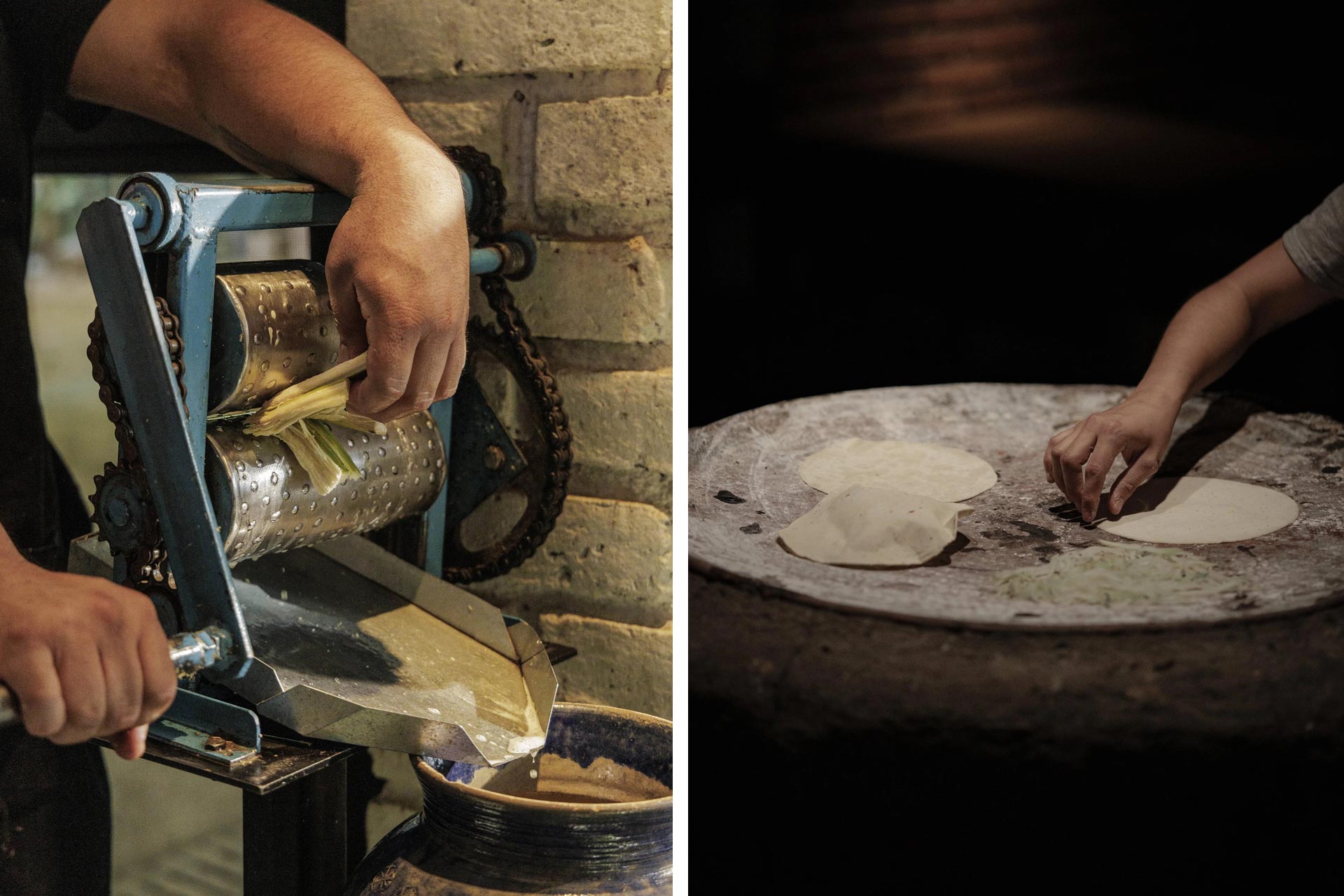 Manually extracting the sugarcane juice and making corn tortillas on a comal. © Andrea Cinta/Alfonsina