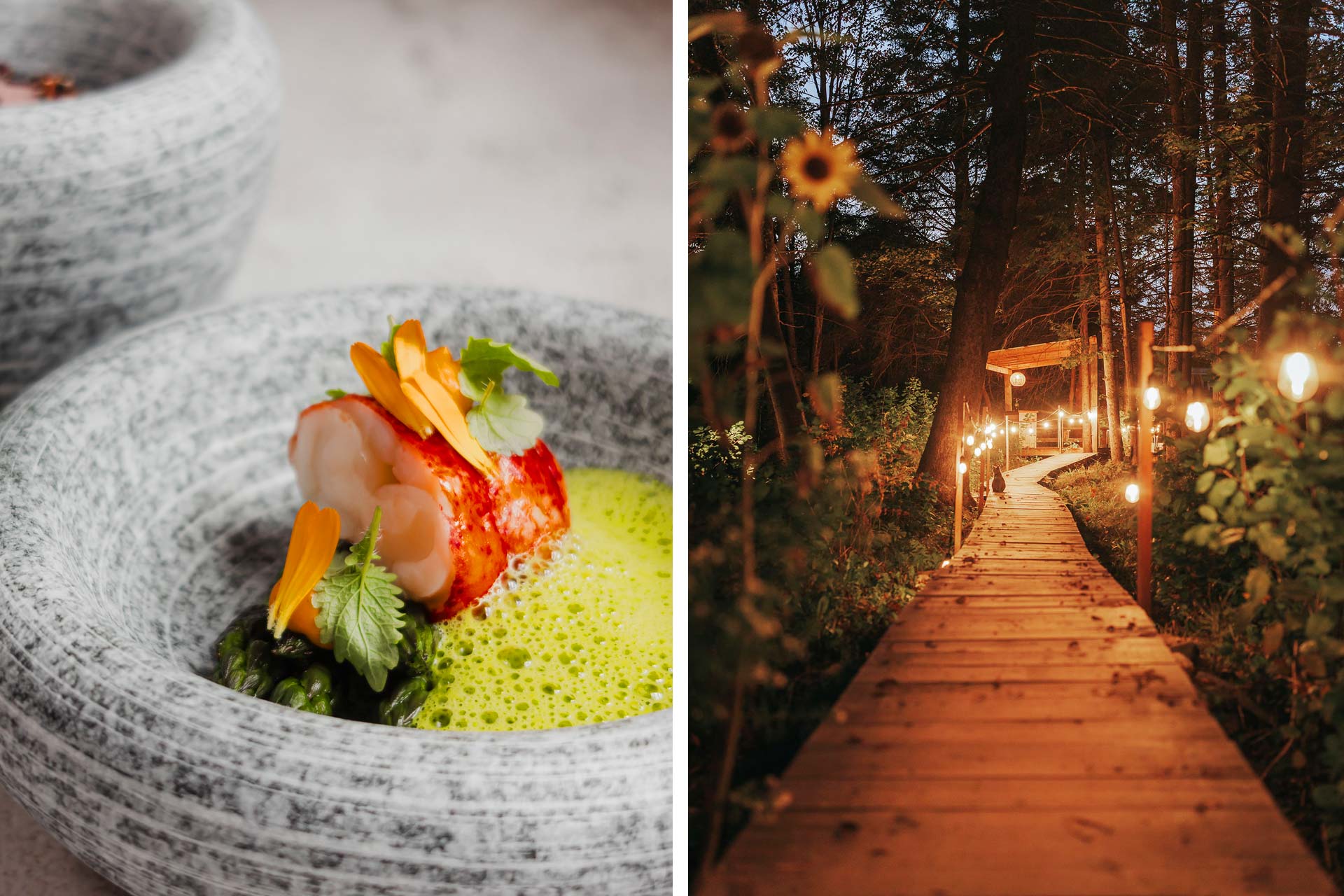 Lobster tail garnished with edible flowers and herbs from Coteau and the woodland entrance to Les Mal-Aimés. © Coteau/Chez Muffy | © Les Mal-Aimés