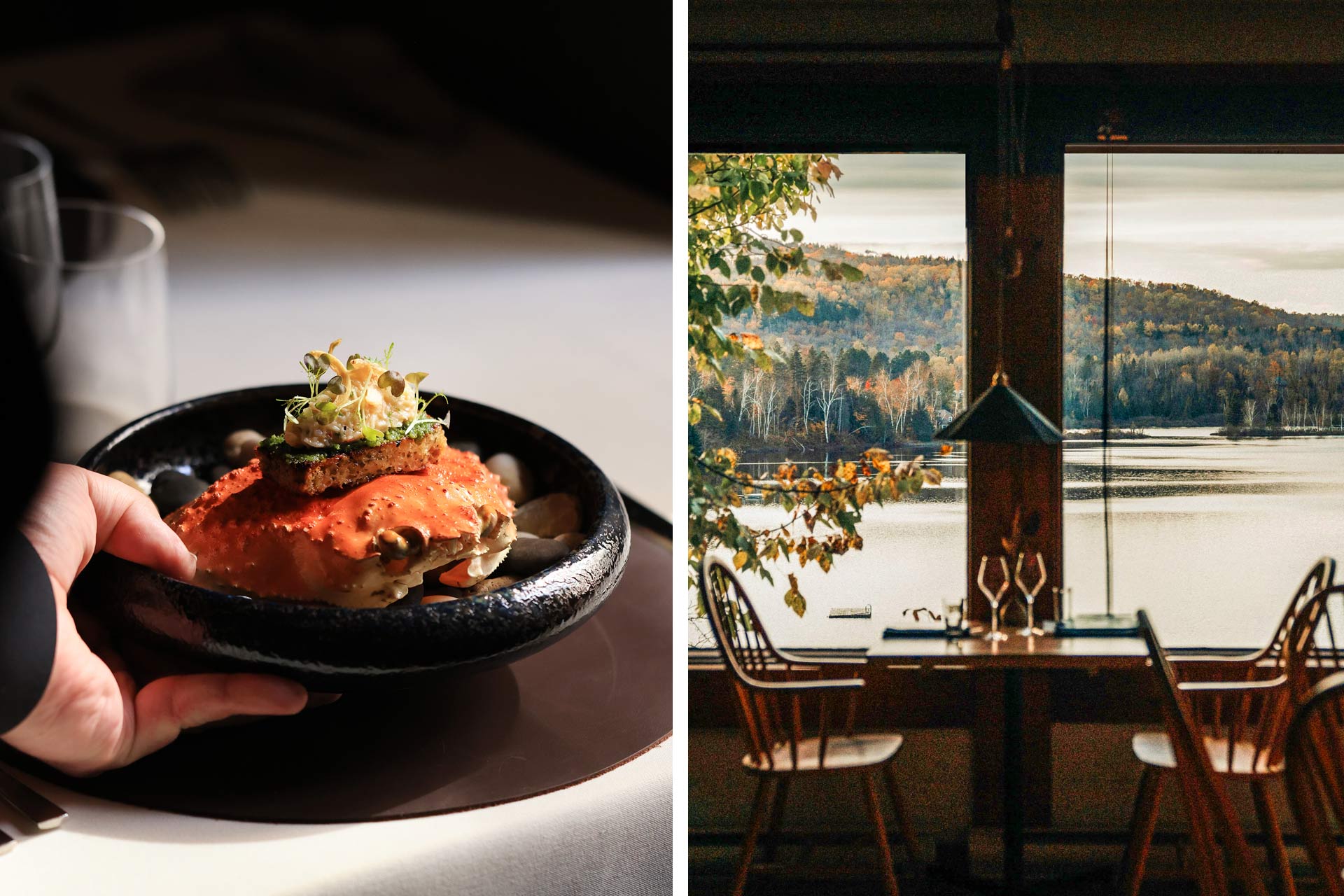 Value for money with dungeness crab at Le Clan and a meal with a view of Auberge Saint-Mathieu. © Frédéric Laroche/Le Clan | © Arianne Samson/Auberge Saint-Mathieu