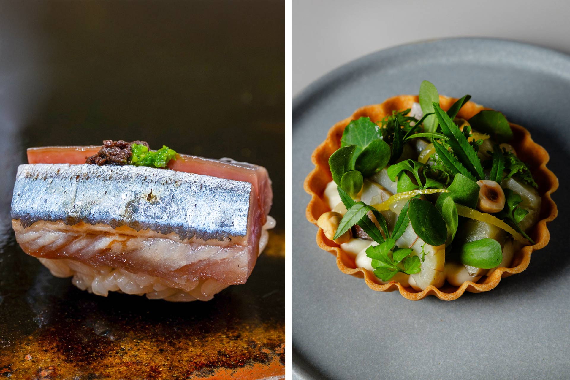 Sushi Nishinokaze and Tartelette Artichaut from Hoogan et Beaufort. © Bernard Lin/Sushi Nishinokaze | © Gabriel DeRossi/Hoogan et Beaufort