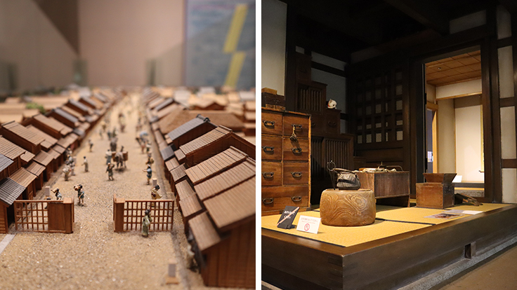 A diorama of the Edo-period post station "Naito Shinjuku" (left) and a reconstructed merchant house (right). The museum also features full-scale models of the Tokyo Toden 5000-series tram and restored residences from the early Showa era. (© Suma Wakui / the MICHELIN Guide)