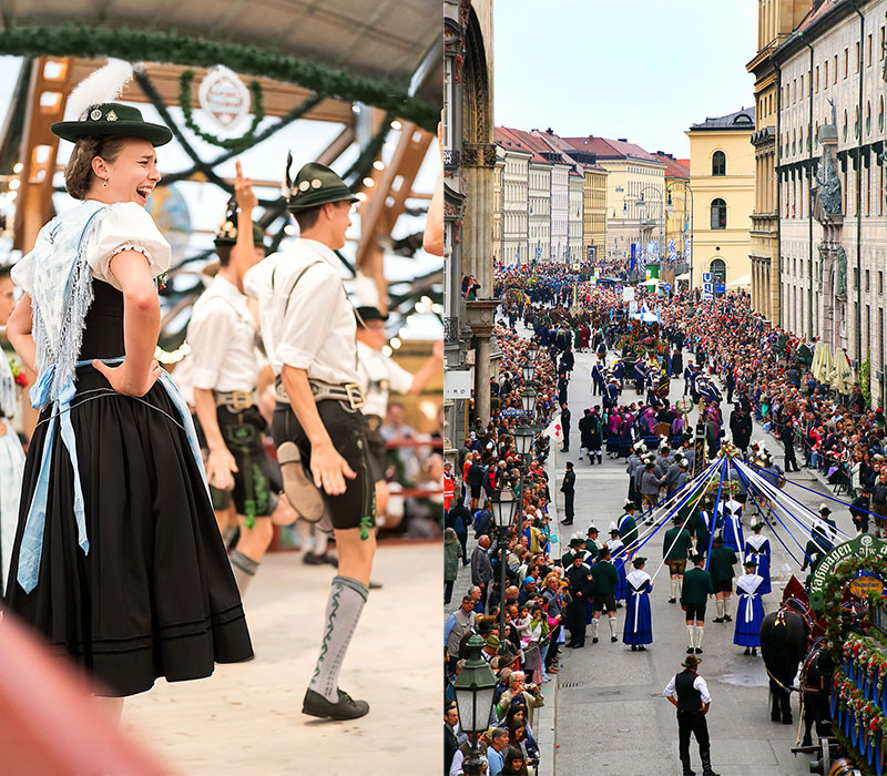 Trachtler beim Tanzen auf dem Oktoberfest (links), der große Trachten- und Schützenzug © beides München Tourismus, Jan Saurer (links) - Tommy Loesch (rechts)