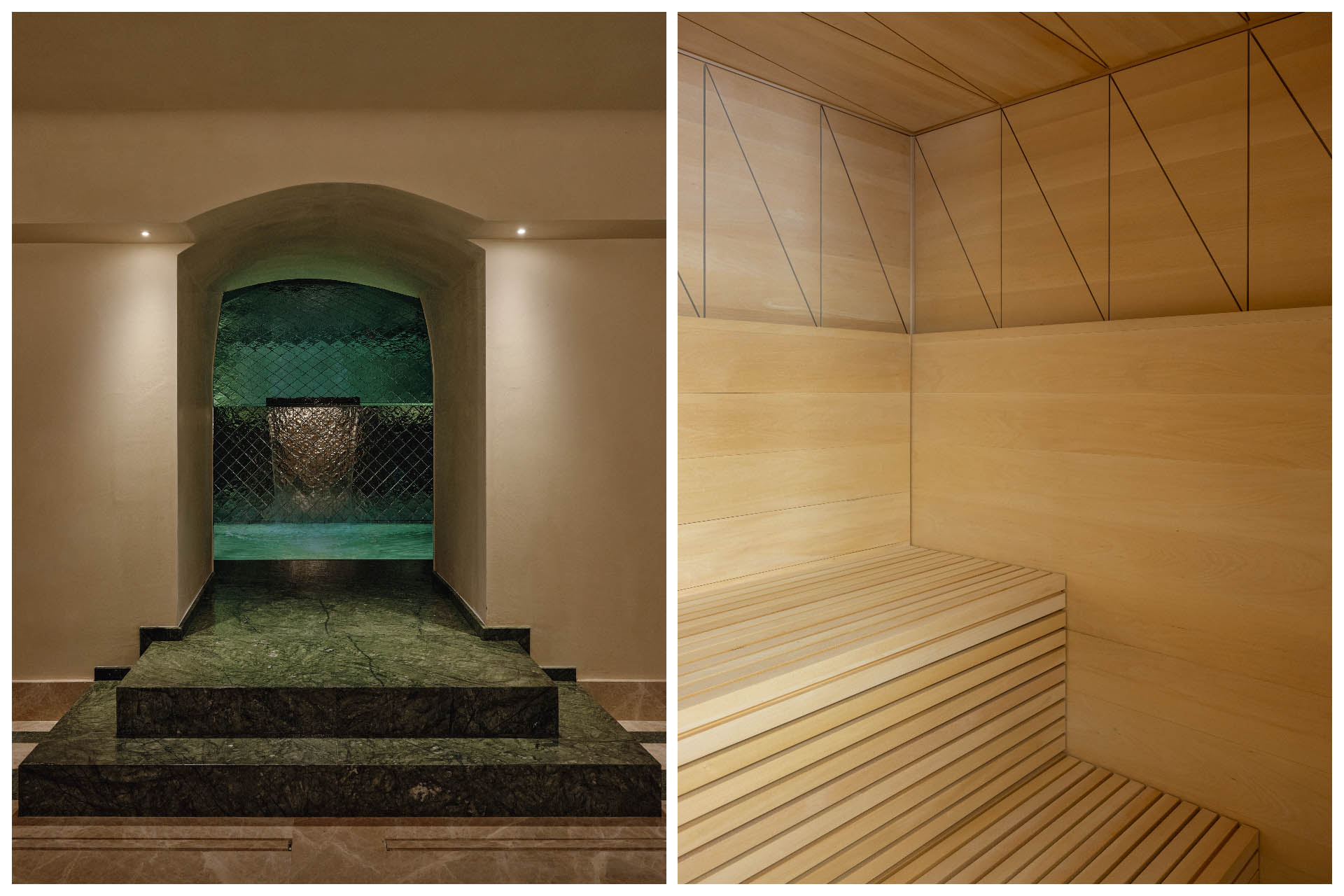 Minimalist, smooth spa spaces contrast to a hotel defined by its visual glamor. © Palazzo Talia