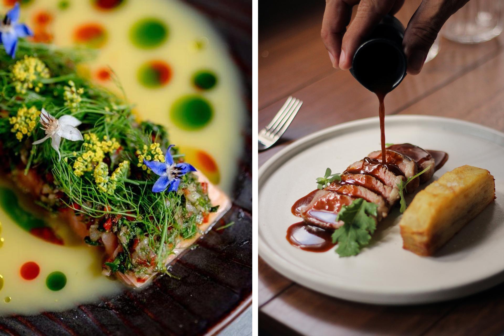 Fish with edible flowers from Jacinto y Yo and duck entree from ICÚ. © OSCAR MACUIL/Jacinto y Yo | © Avimael Gutierrez/ICÚ