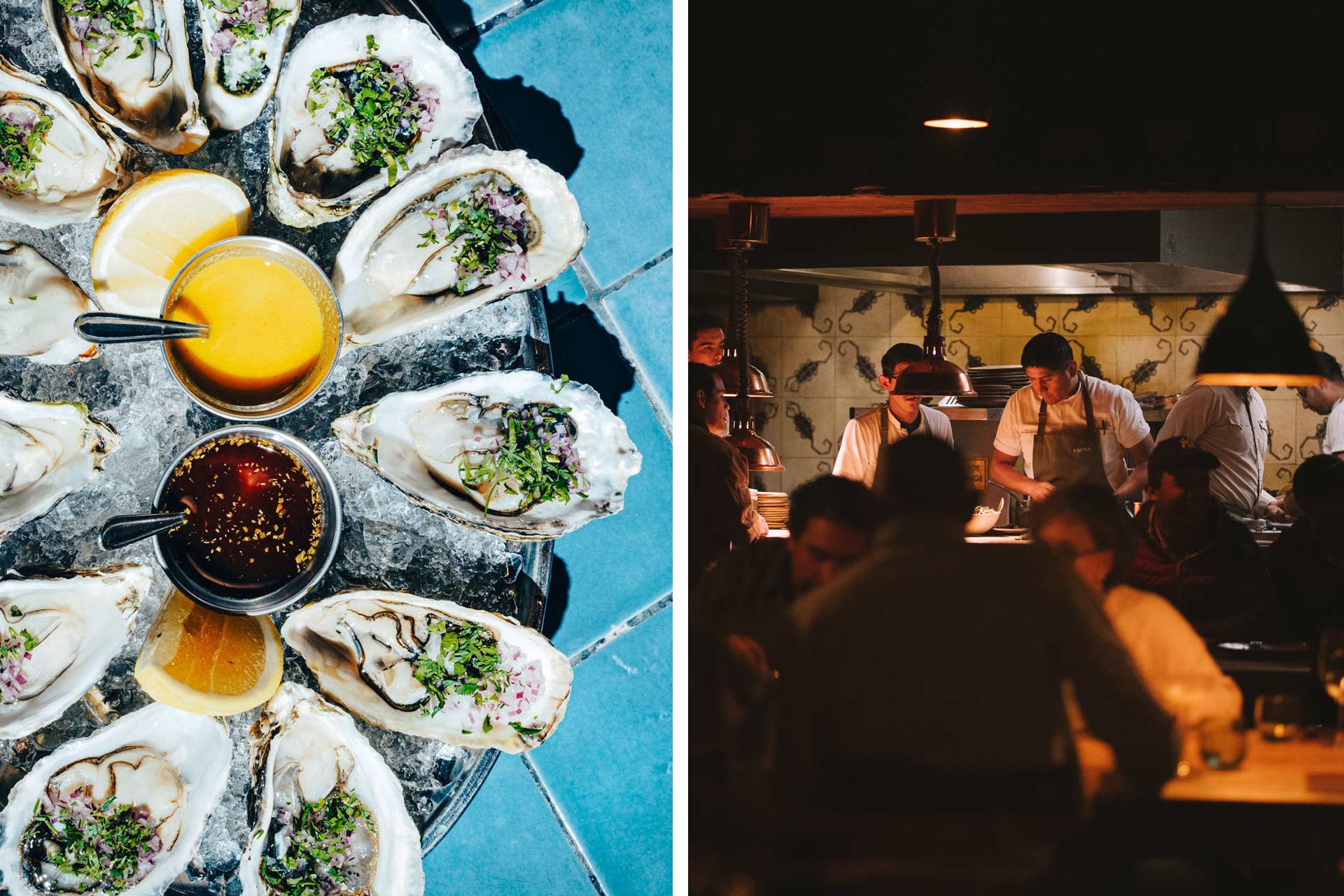 Oyster platter from El Güero Marinero and the lively dining room with view of the kitchen at Fauna. © El Güero Marinero | © Daniel Farfan/Fauna
