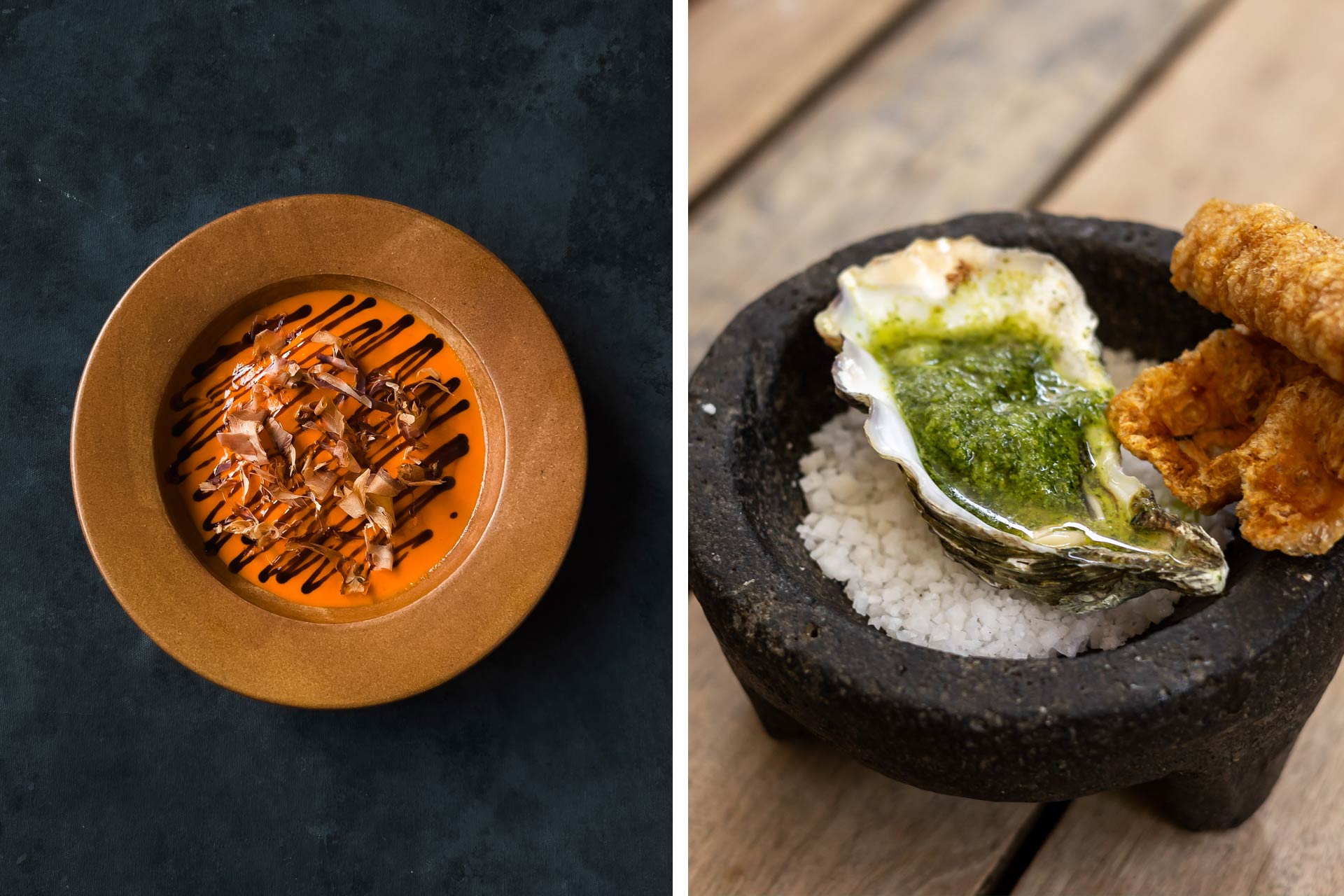 Gringa de jaiba desnuda from Moyuelo and Oyster dish from PalReal. © Moyuelo | © Gilberto Hernandez/PalReal